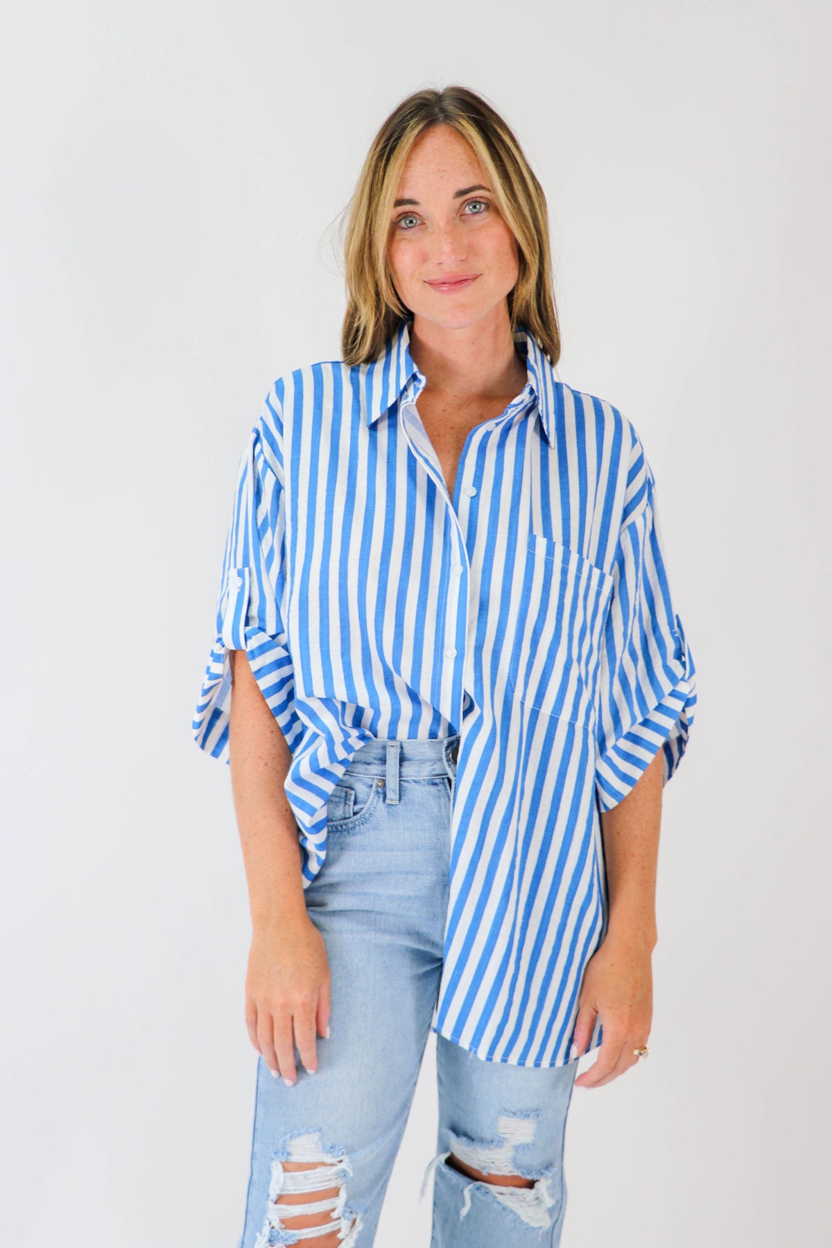 By Together | Blue Striped Oversized Button Down | Sweetest Stitch