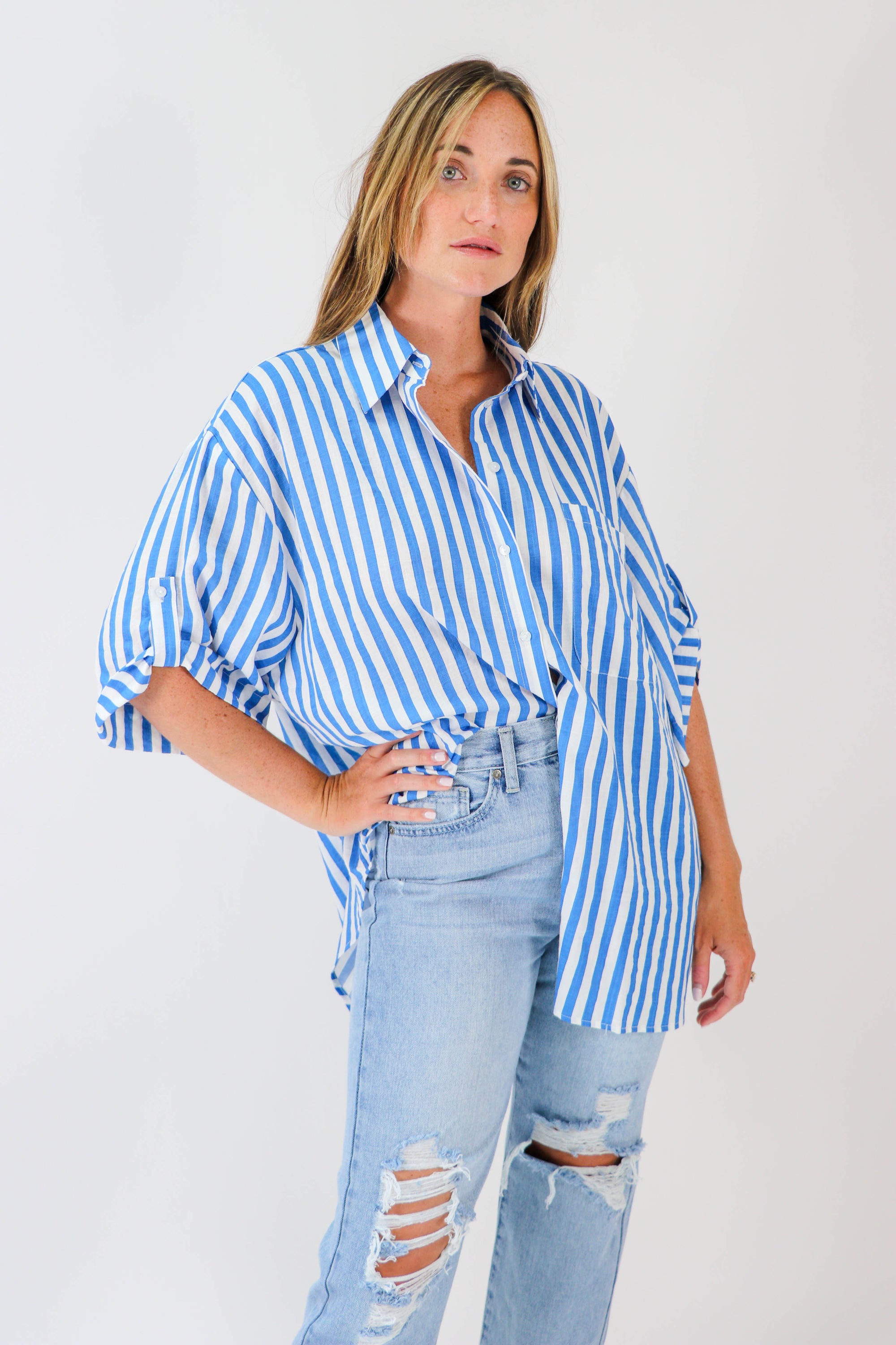 By Together | Blue Striped Oversized Button Down | Sweetest Stitch