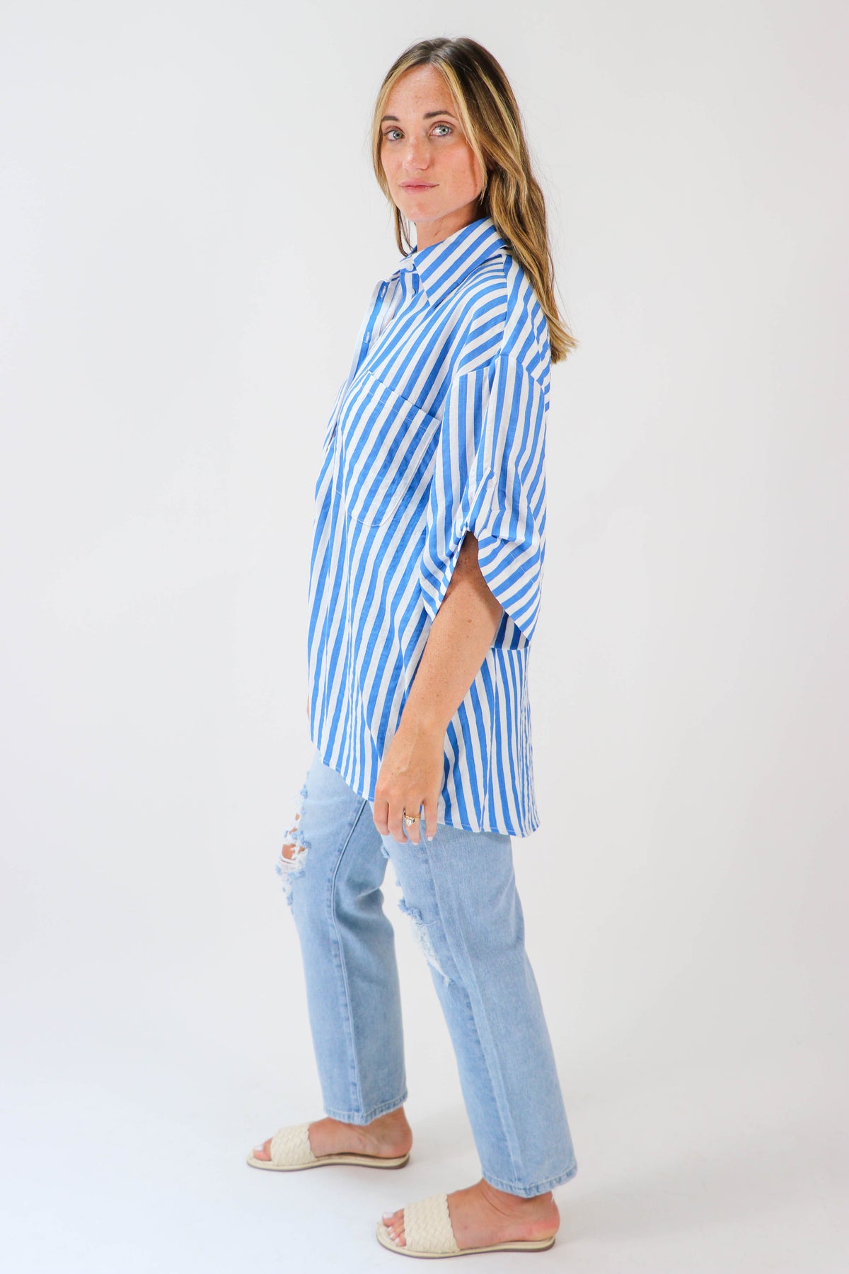 By Together | Blue Striped Oversized Button Down | Sweetest Stitch