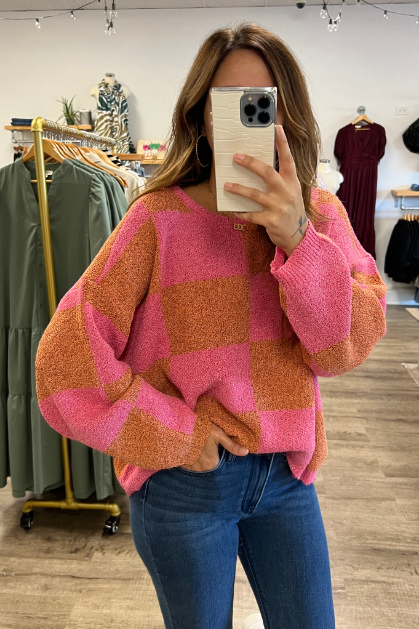 Olivaceous | Checkered Print Oversized Sweater | Sweetest Stitch