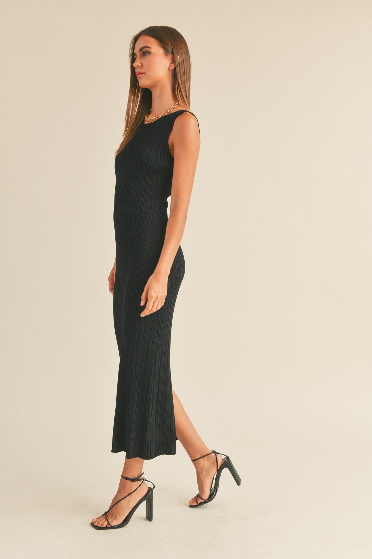 Miou Muse | Fitted Black Ribbed Midi Dress | Sweetest Stitch