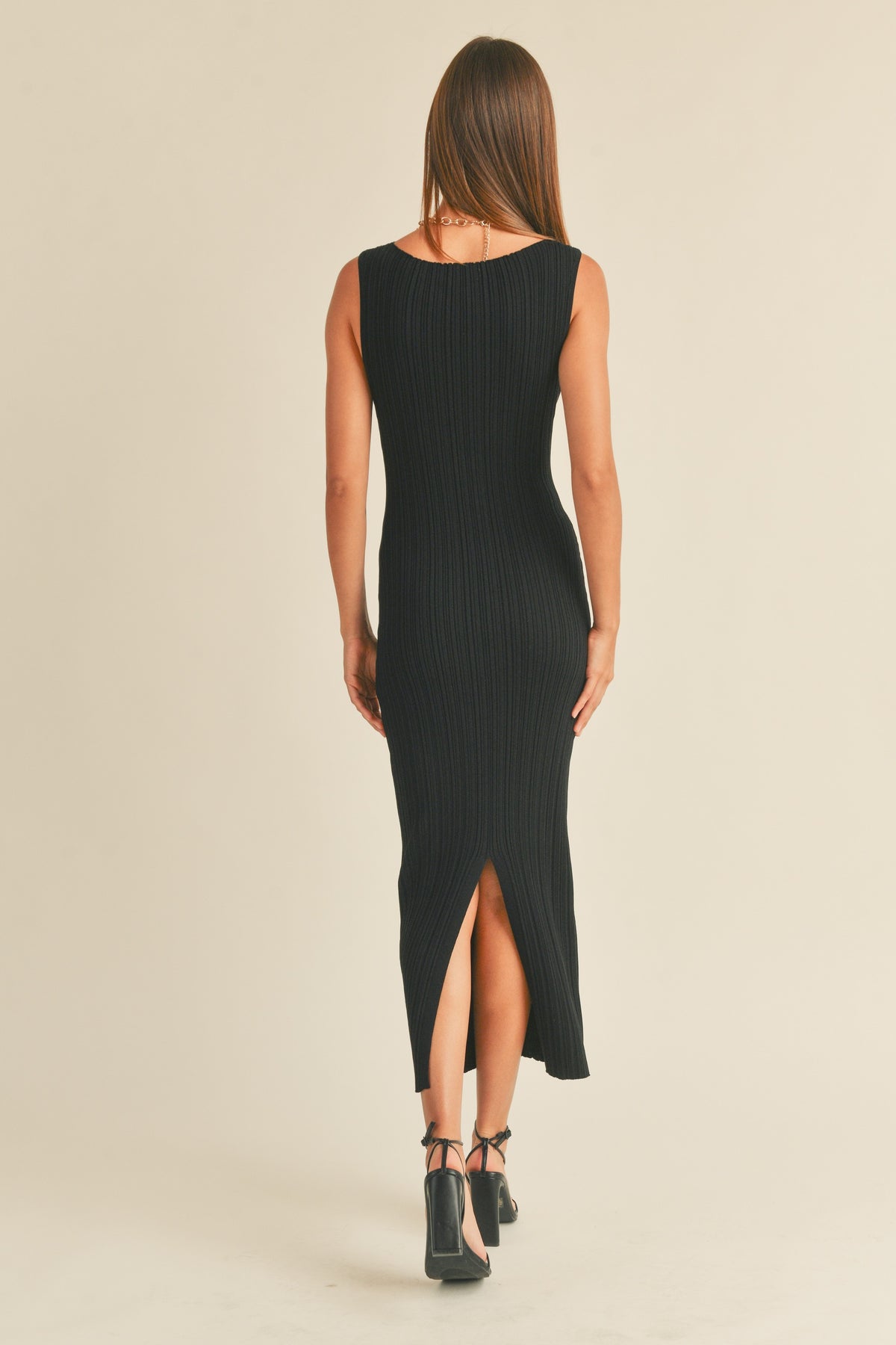 Miou Muse | Fitted Black Ribbed Midi Dress | Sweetest Stitch