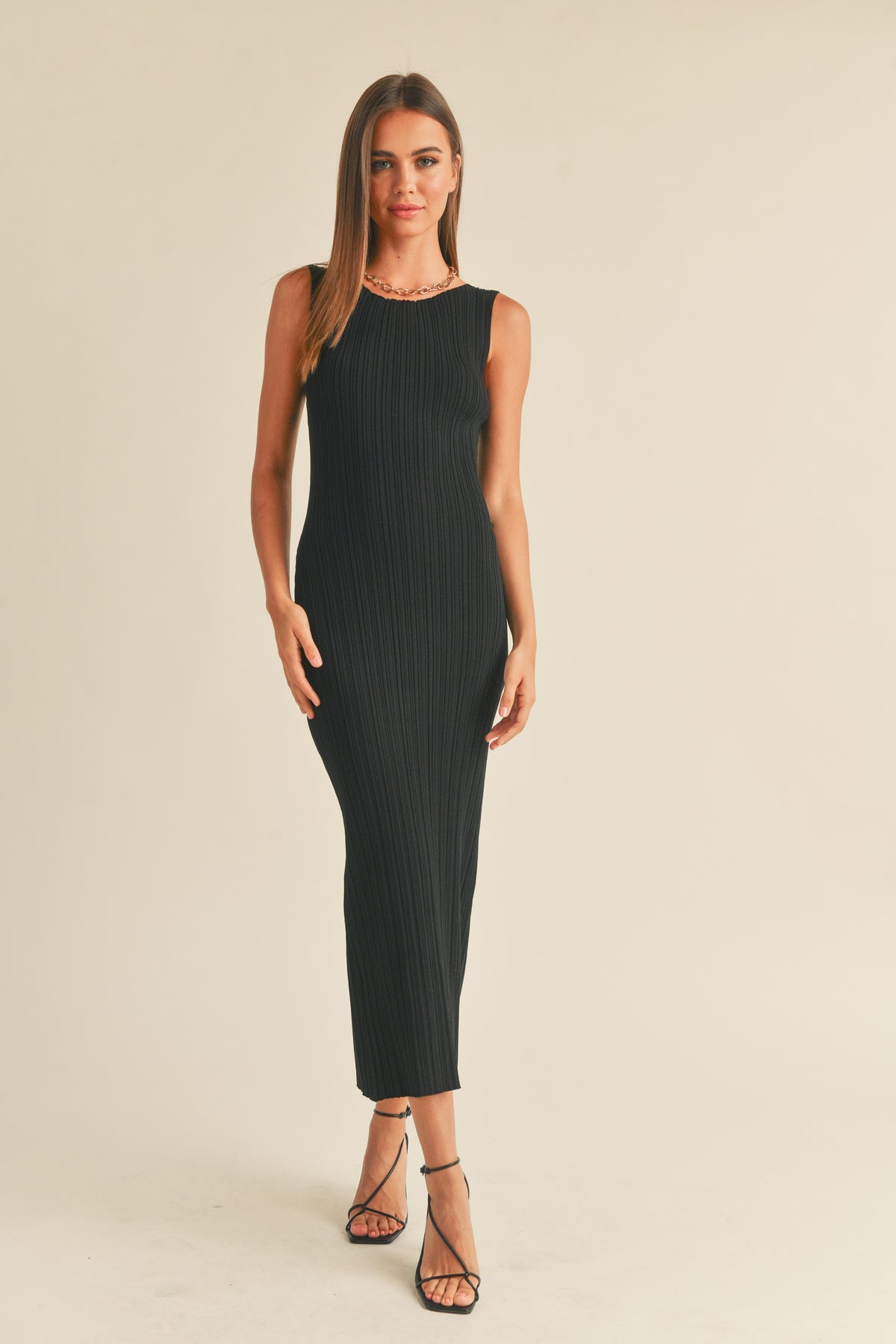 Miou Muse | Fitted Black Ribbed Midi Dress | Sweetest Stitch