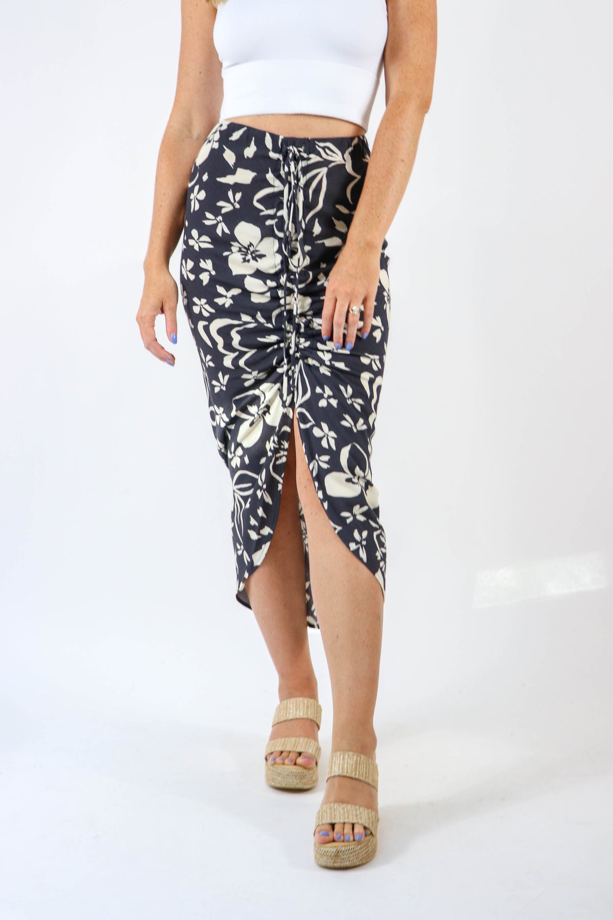 Miou Muse | Ruched Front Floral Midi Skirt | Sweetest Stitch Online