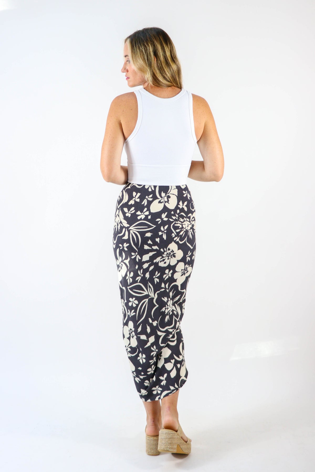 Miou Muse | Ruched Front Floral Midi Skirt | Sweetest Stitch Online