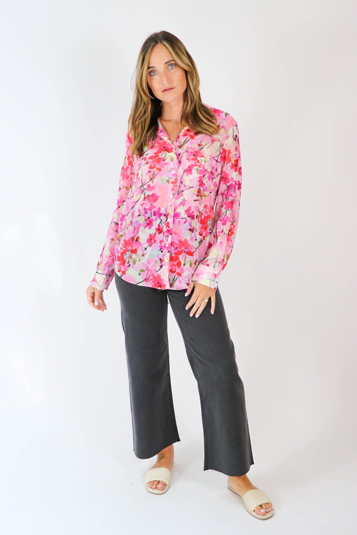 Sheer Bright Floral Button Down Top for Women | Sweetest Stitch