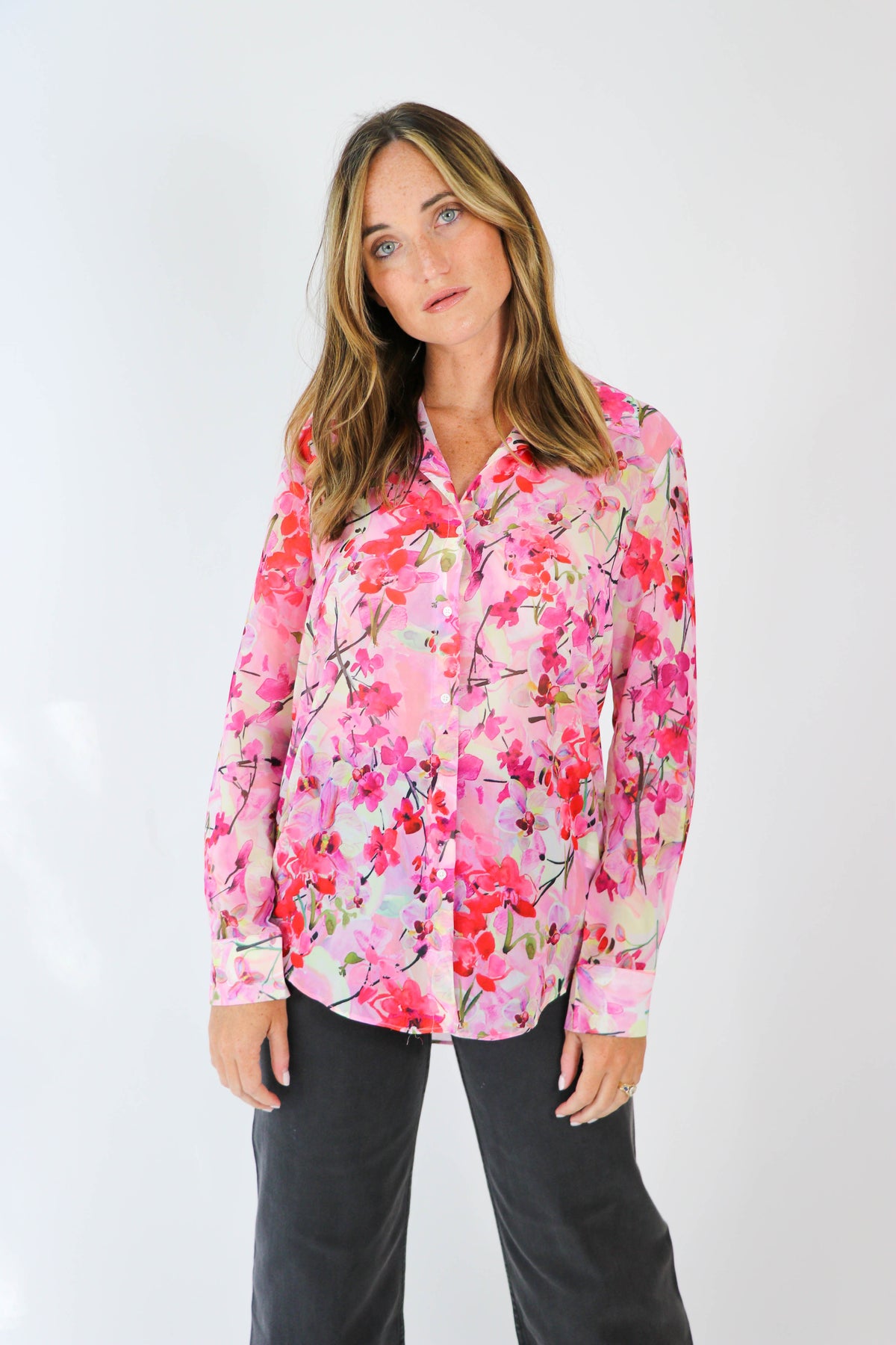 Sheer Bright Floral Button Down Top for Women | Sweetest Stitch