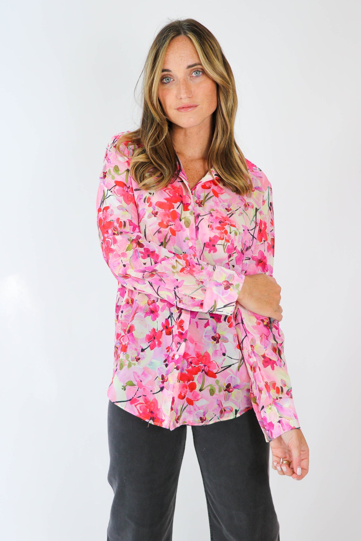 Sheer Bright Floral Button Down Top for Women | Sweetest Stitch
