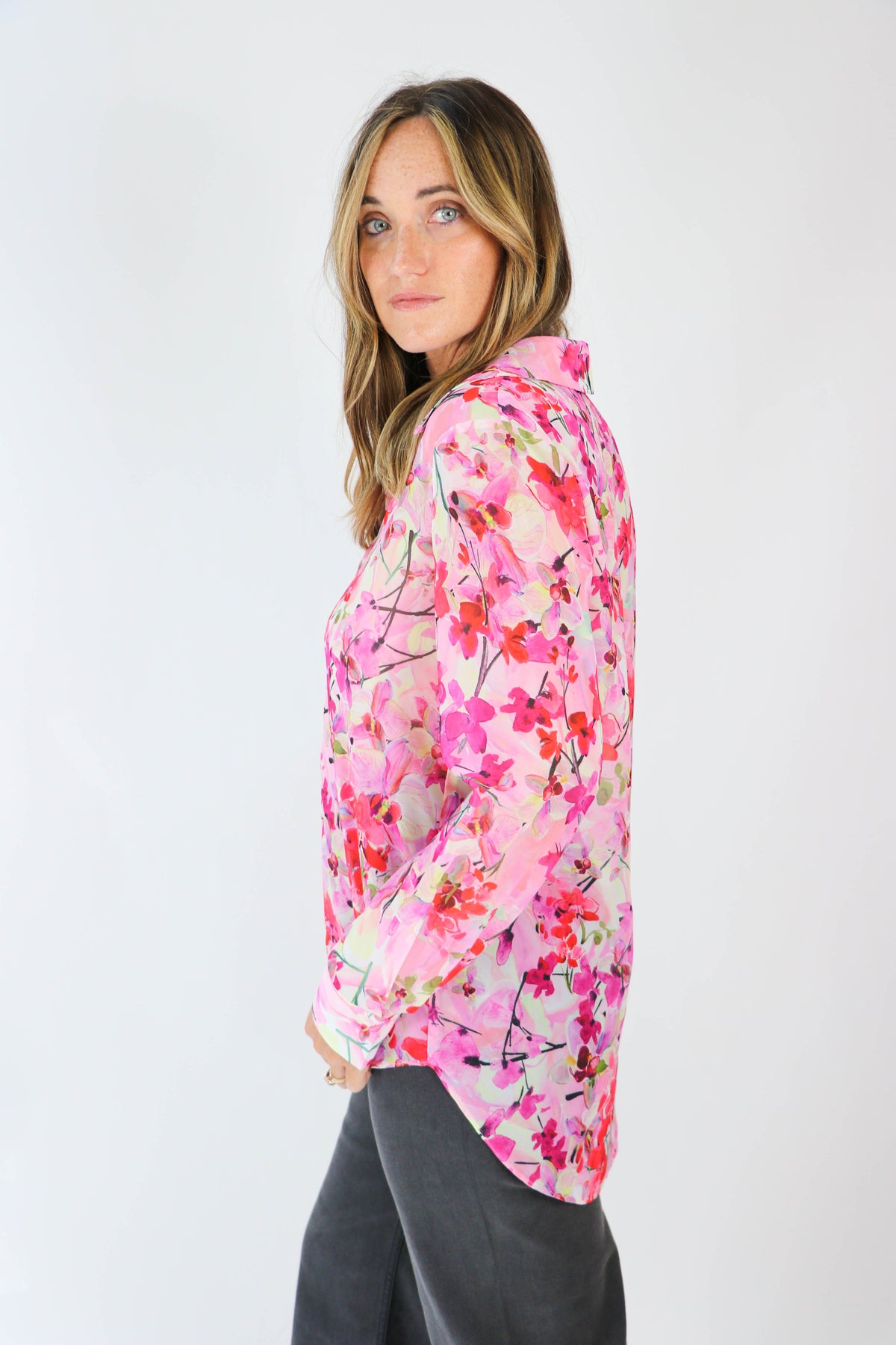 Sheer Bright Floral Button Down Top for Women | Sweetest Stitch