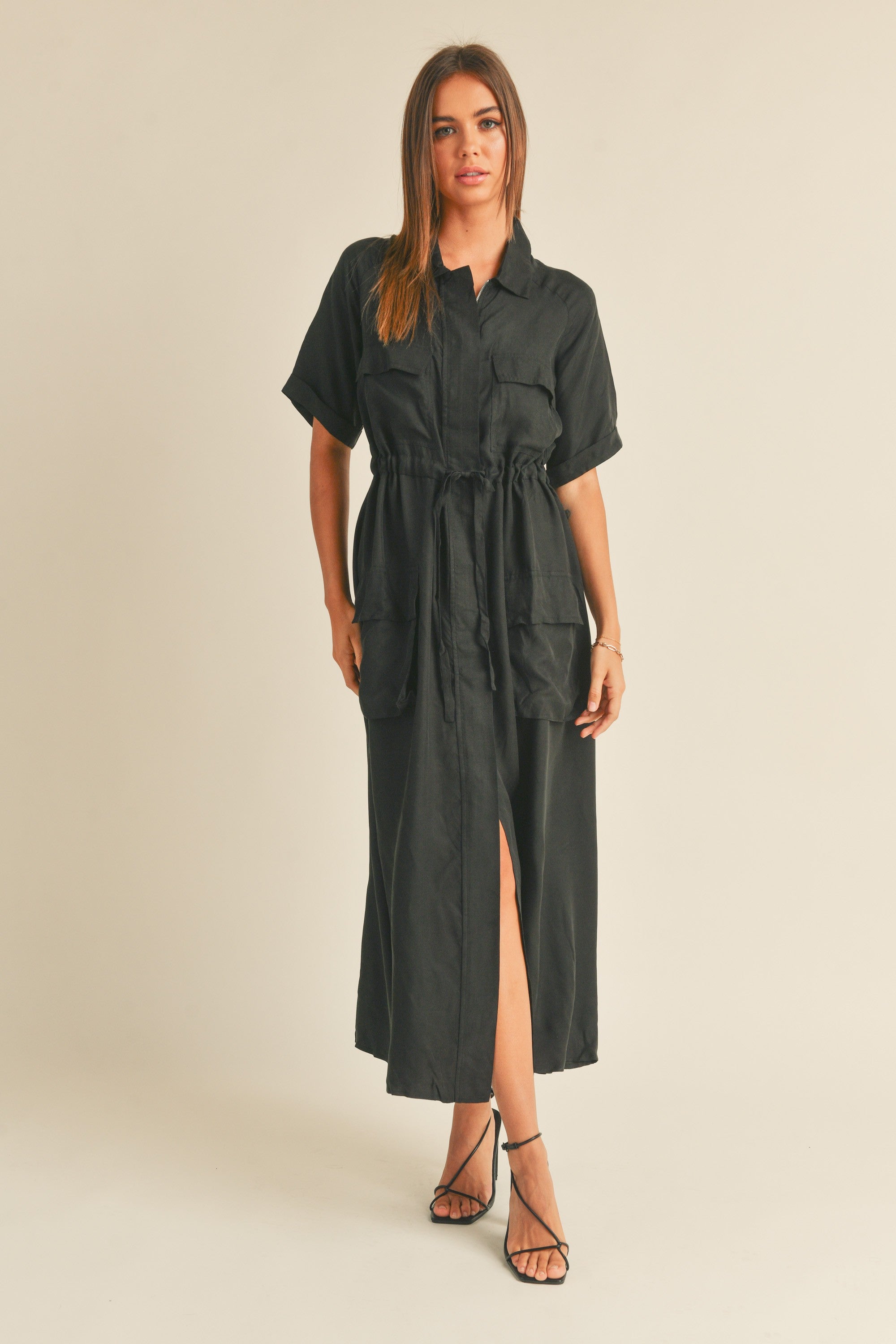 Miou Muse | Black Short Sleeve Cargo Midi Dress | Sweetest Stitch