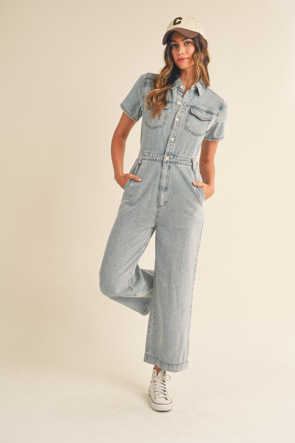 Mable | Short Sleeve Denim Jumpsuit | Sweetest Stitch Boutique