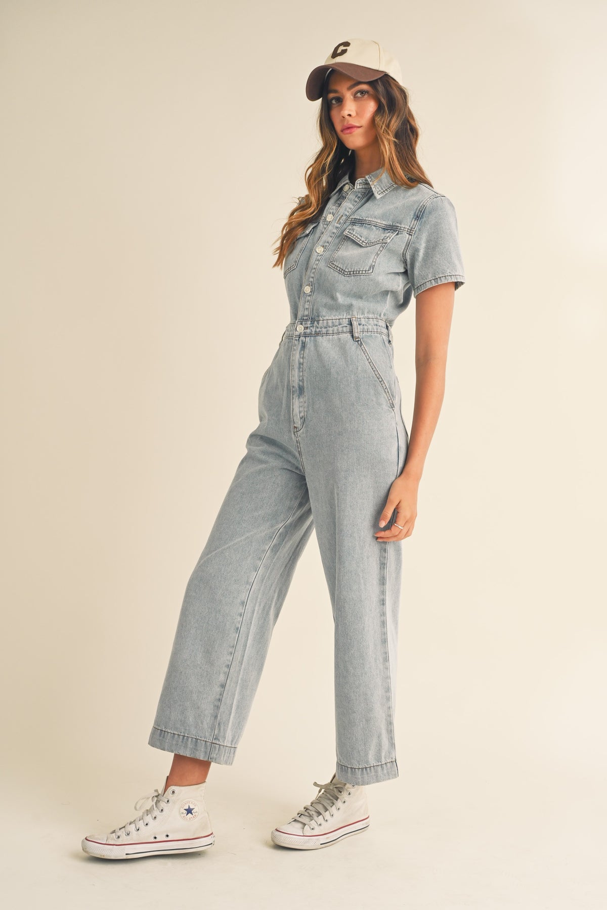 Mable | Short Sleeve Denim Jumpsuit | Sweetest Stitch Boutique
