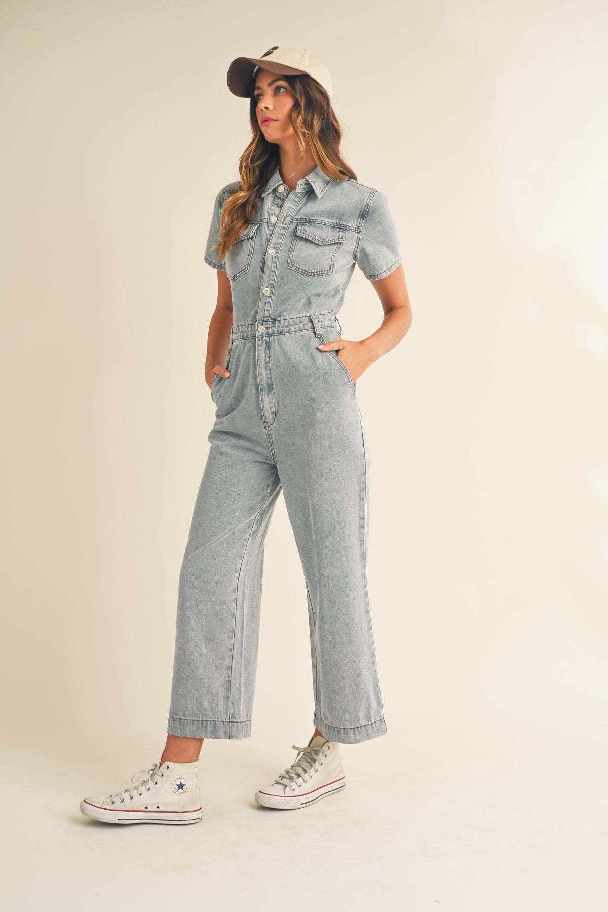 Mable | Short Sleeve Denim Jumpsuit | Sweetest Stitch Boutique