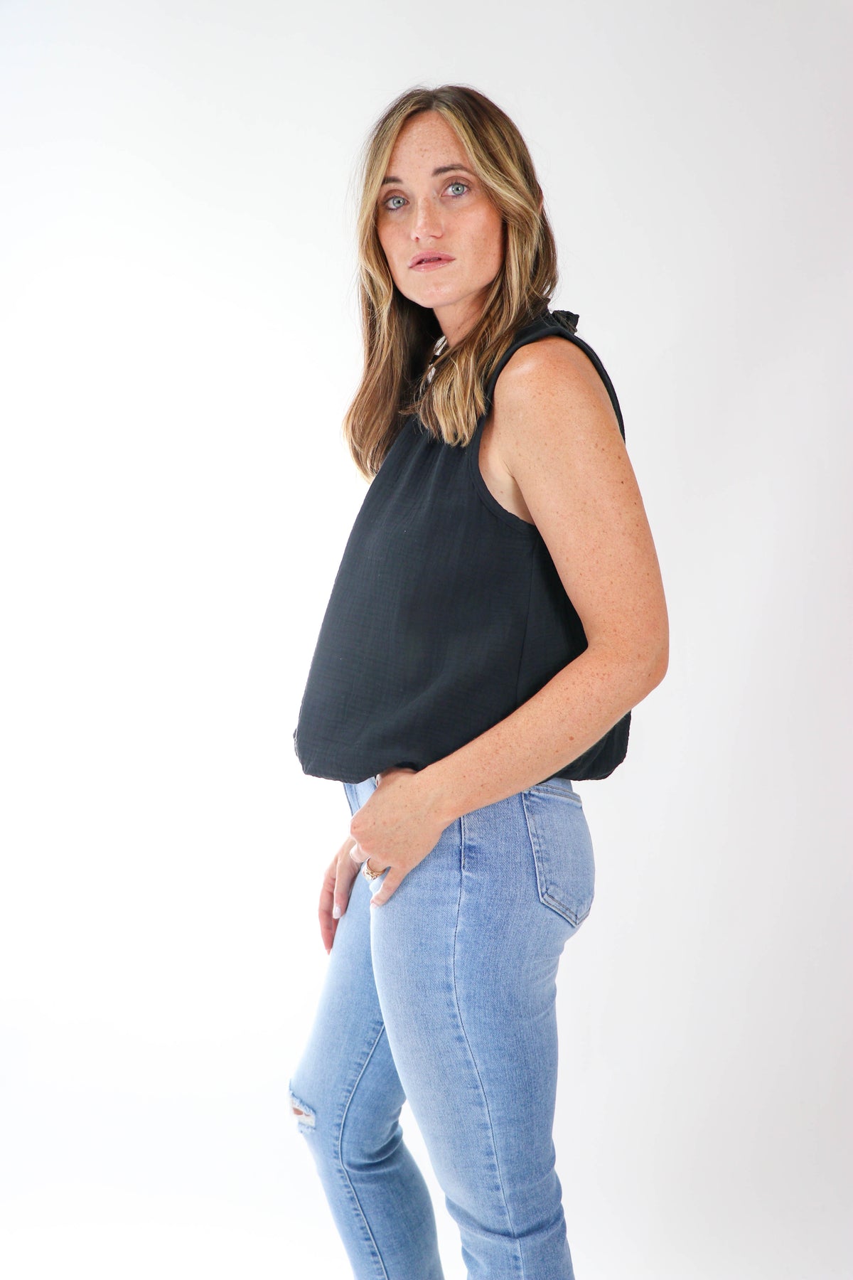 Entro | Cotton Gauze Sleeveless Bubble Top | Sweetest Stitch