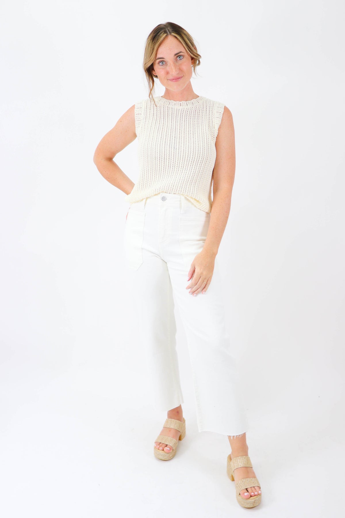 Miou Muse | Sleeveless Open Knit Top for Women | Sweetest Stitch