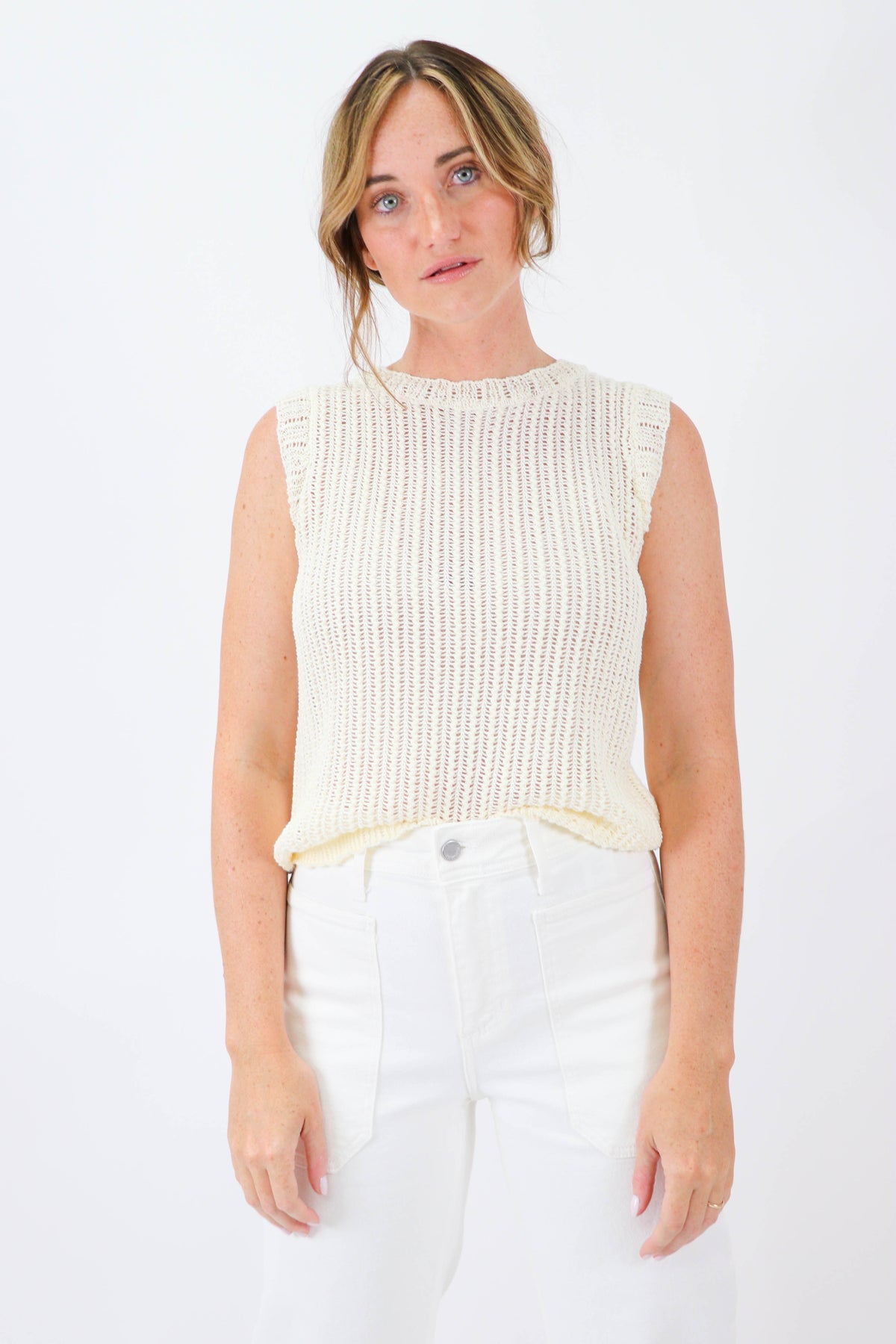 Miou Muse | Sleeveless Open Knit Top for Women | Sweetest Stitch