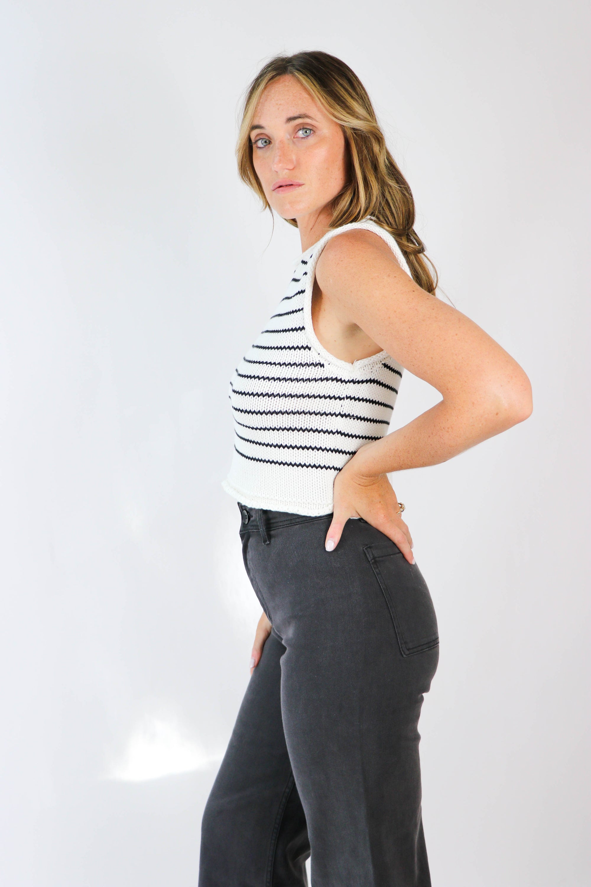 Miou Muse | White and Black Stripe Knit Top | Sweetest Stitch Online