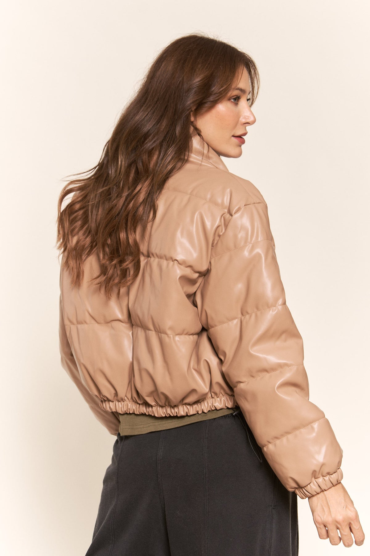 J.NNA | Tan Faux Leather Puffer Jacket | Sweetest Stitch Boutique