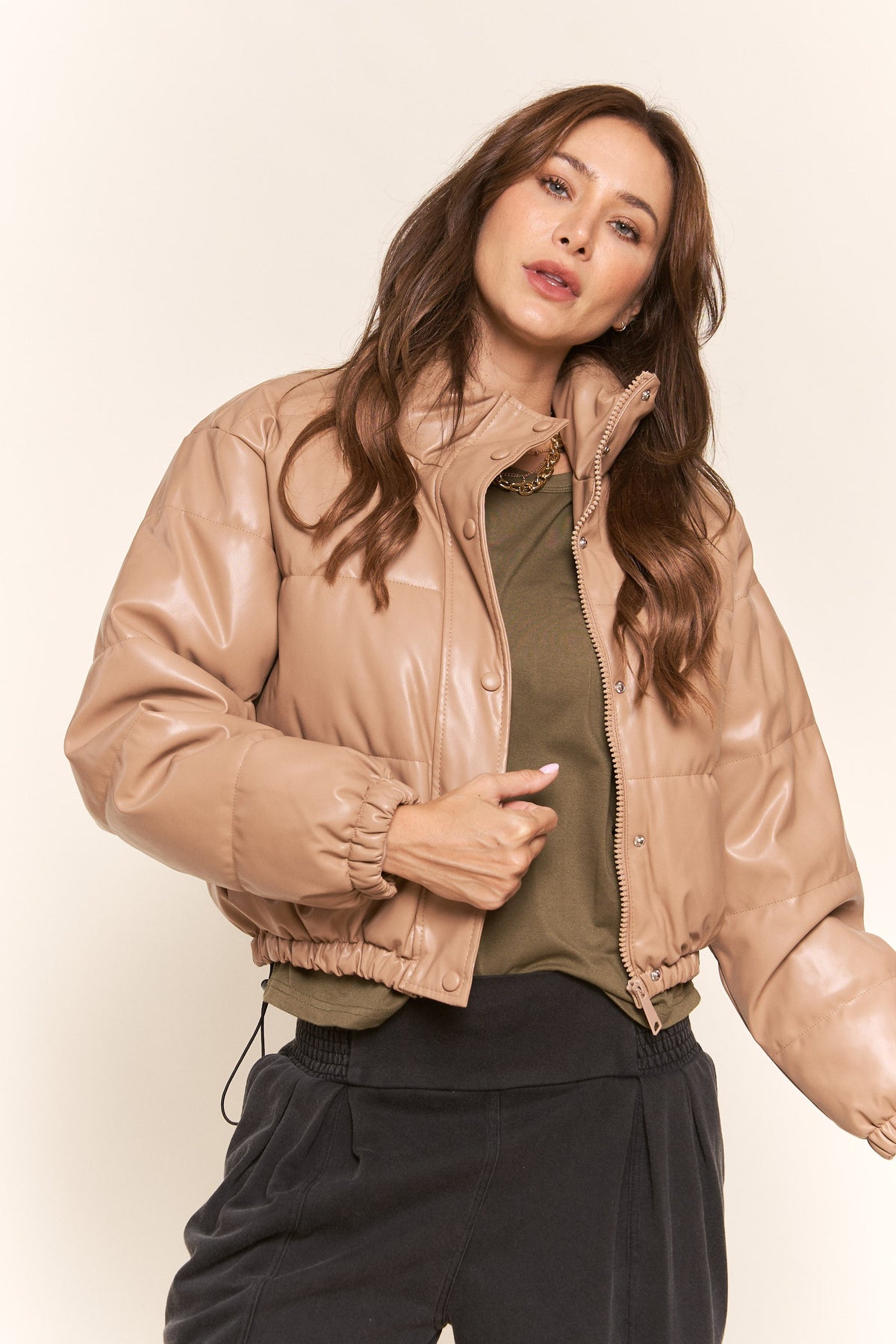 J.NNA | Tan Faux Leather Puffer Jacket | Sweetest Stitch Boutique