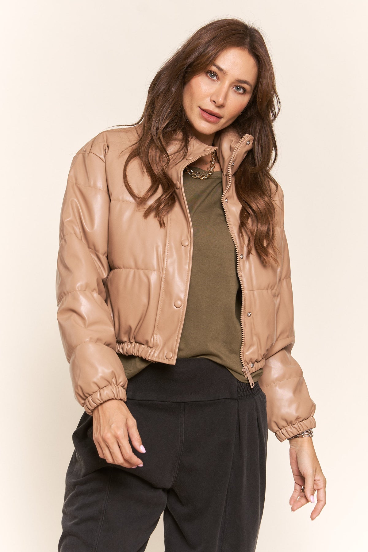 J.NNA | Tan Faux Leather Puffer Jacket | Sweetest Stitch Boutique