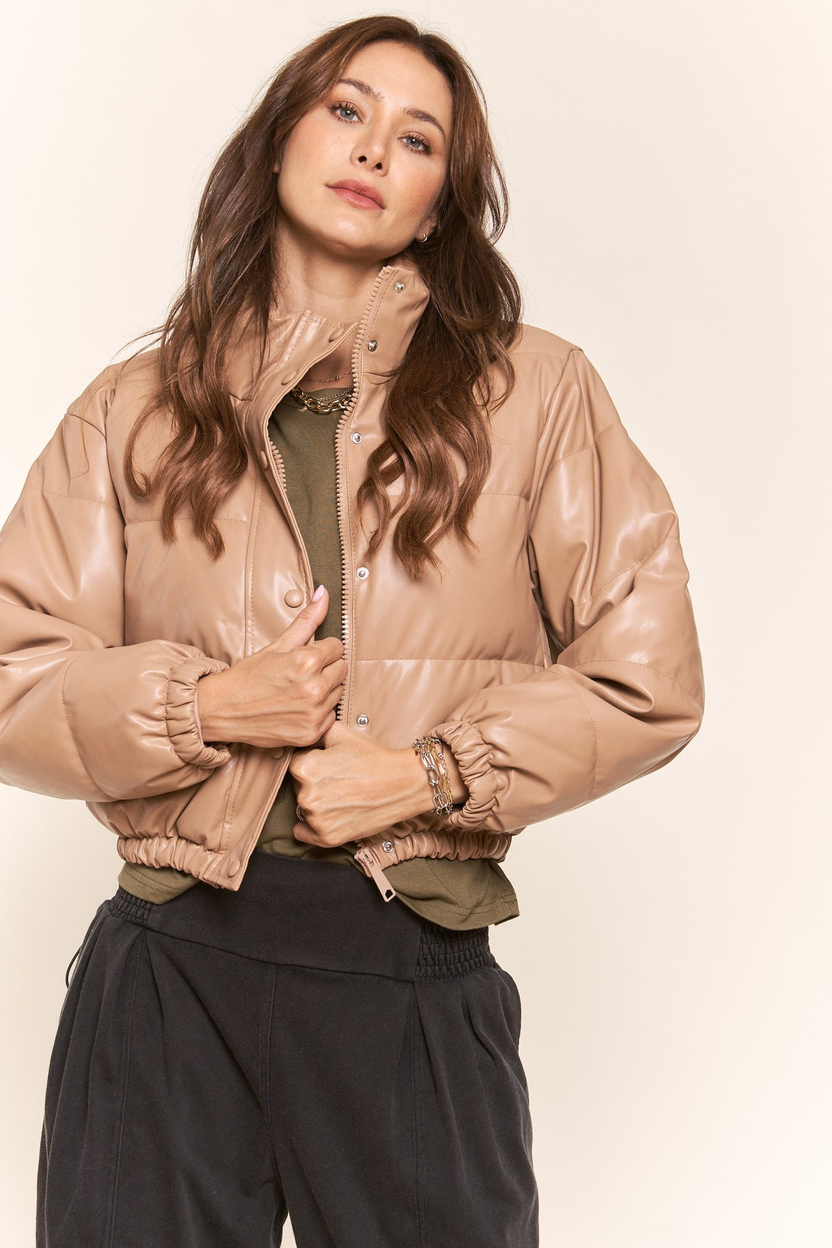 J.NNA | Tan Faux Leather Puffer Jacket | Sweetest Stitch Boutique