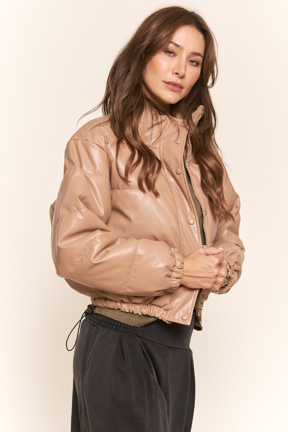 J.NNA | Tan Faux Leather Puffer Jacket | Sweetest Stitch Boutique
