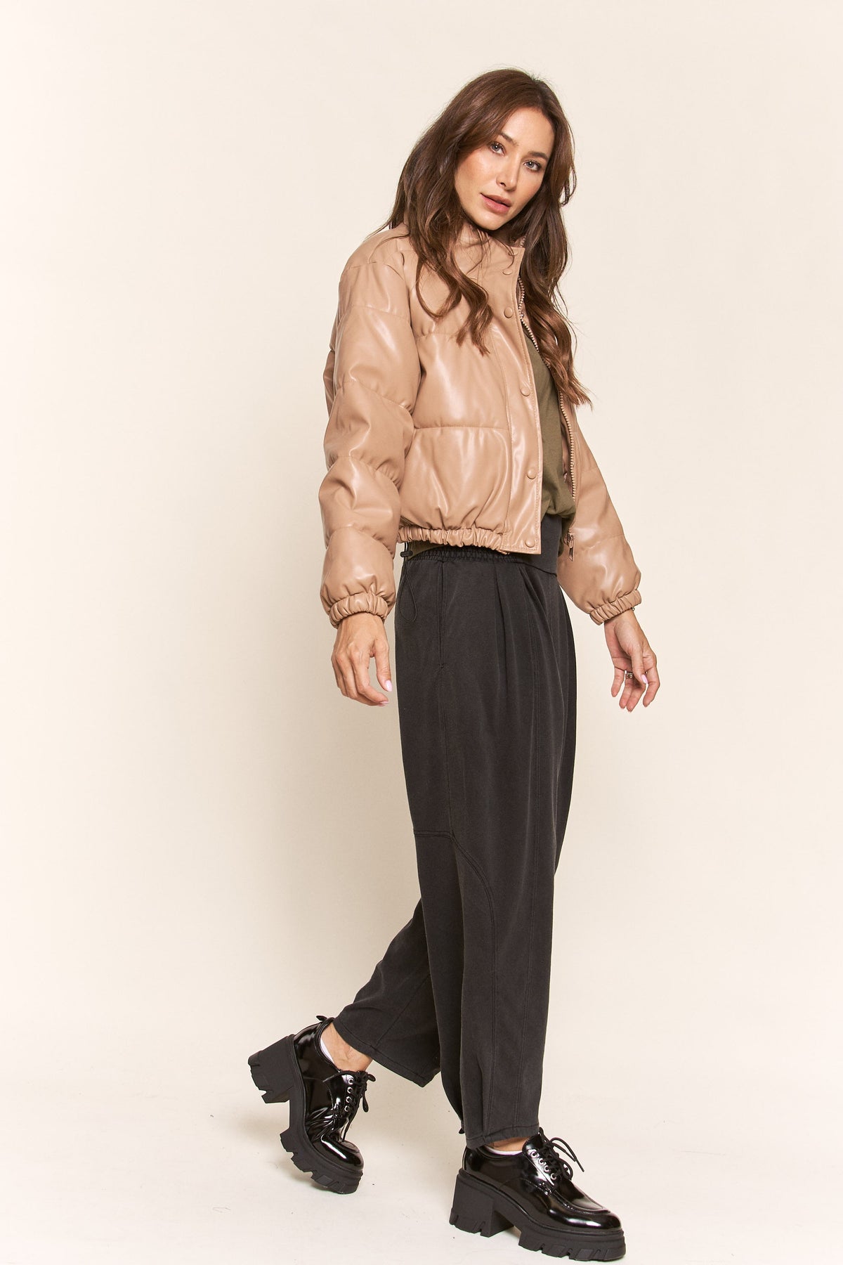 J.NNA | Tan Faux Leather Puffer Jacket | Sweetest Stitch Boutique
