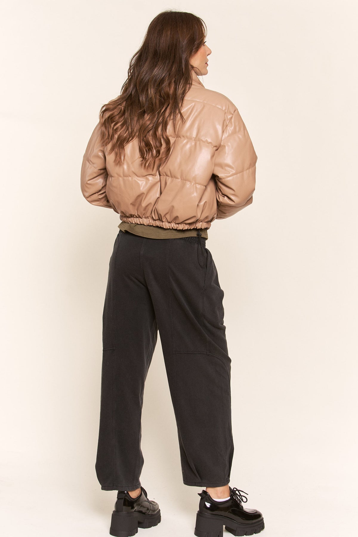 J.NNA | Tan Faux Leather Puffer Jacket | Sweetest Stitch Boutique