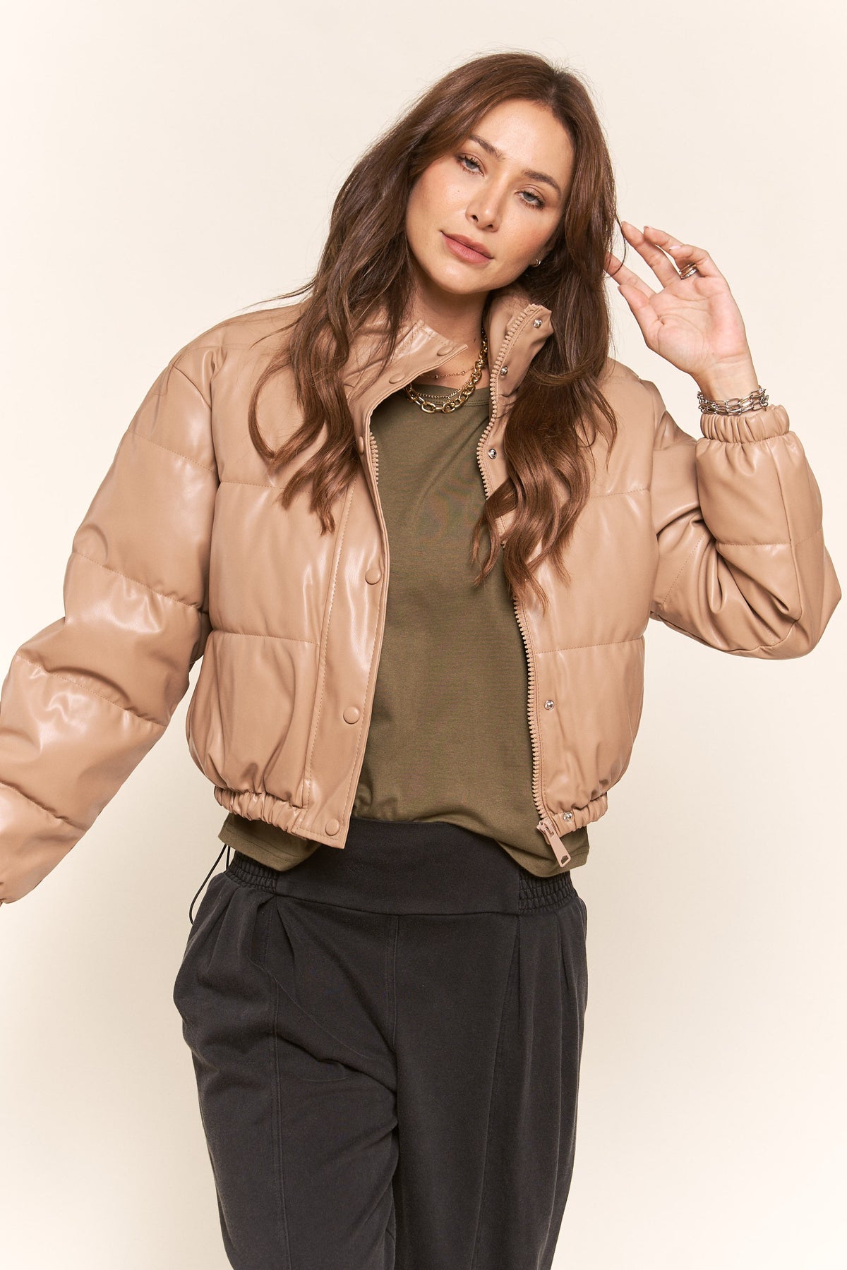 J.NNA | Tan Faux Leather Puffer Jacket | Sweetest Stitch Boutique
