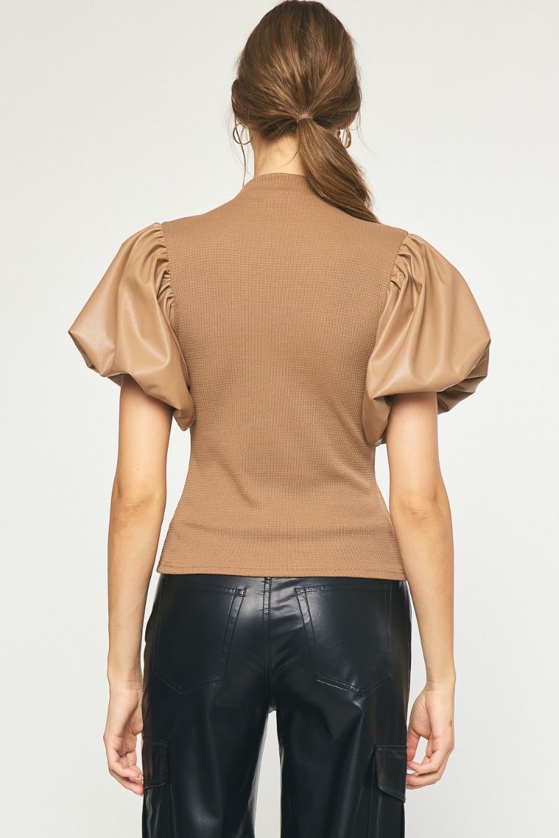 Entro | Tan Faux Leather Puff Sleeve Top | Sweetest Stitch Boutique
