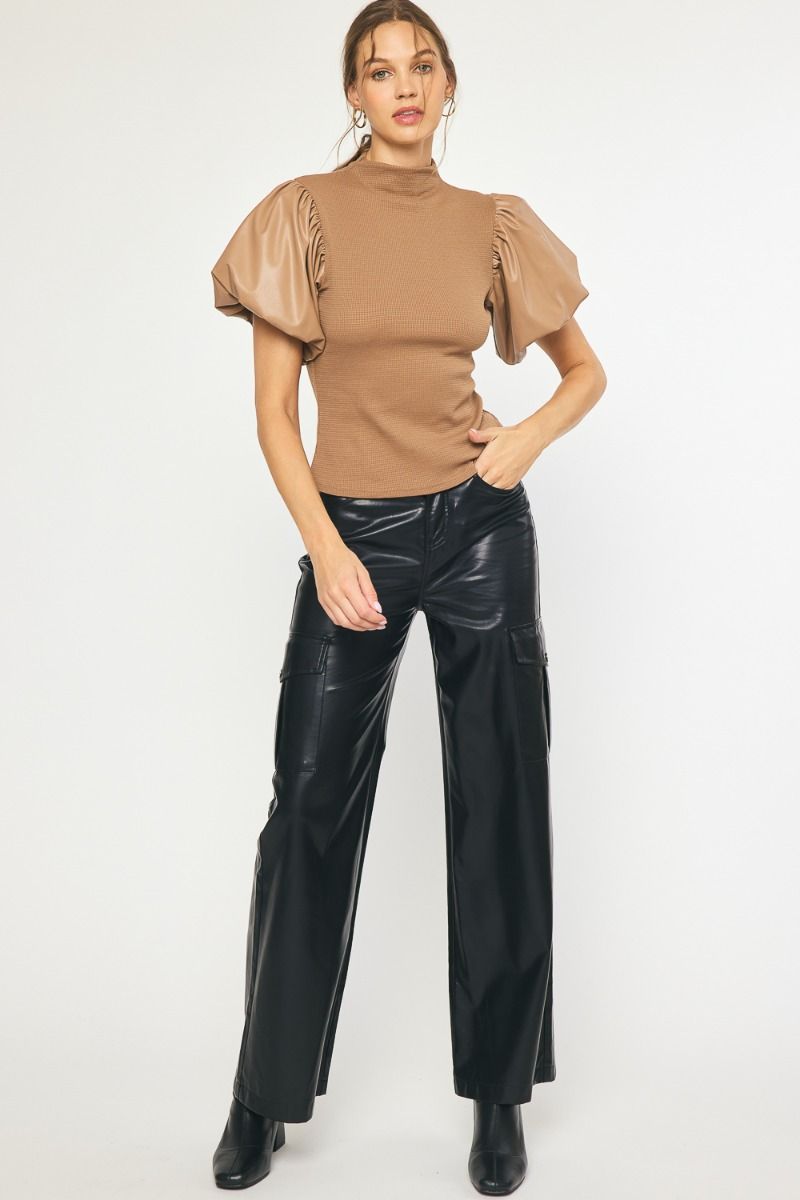Entro | Tan Faux Leather Puff Sleeve Top | Sweetest Stitch Boutique