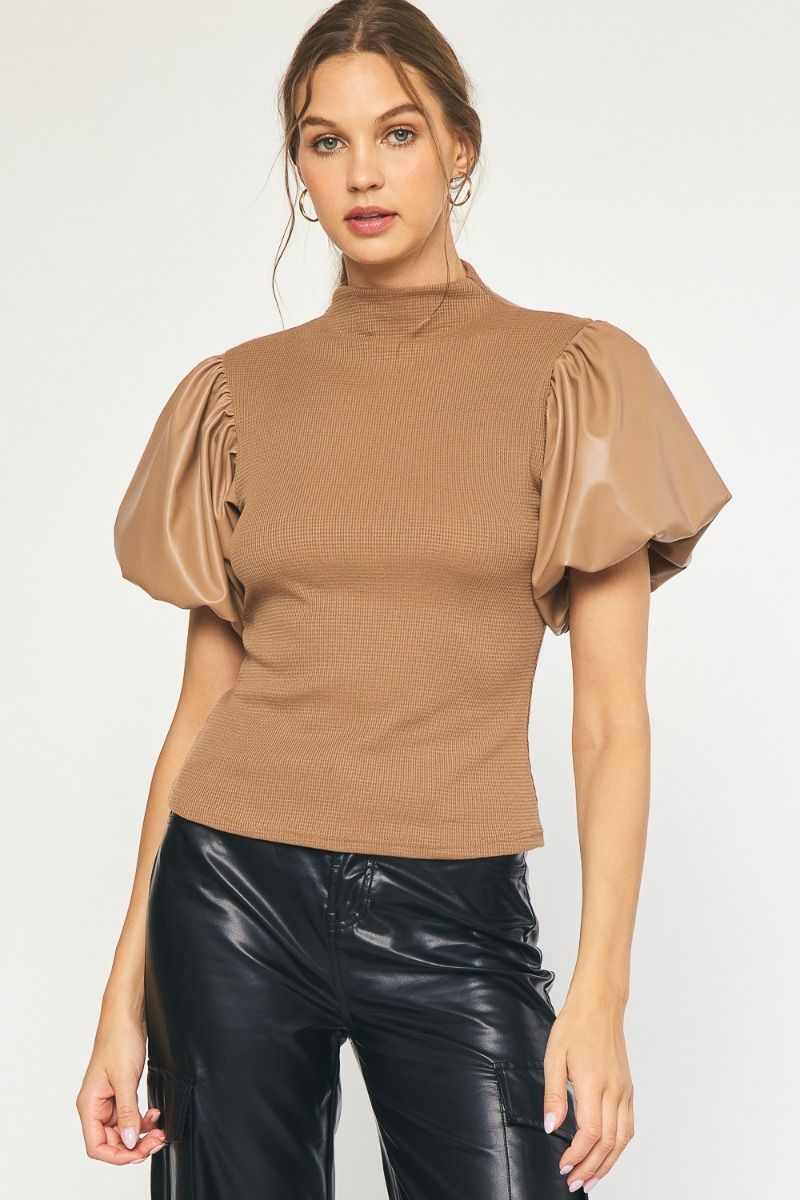 Entro | Tan Faux Leather Puff Sleeve Top | Sweetest Stitch Boutique