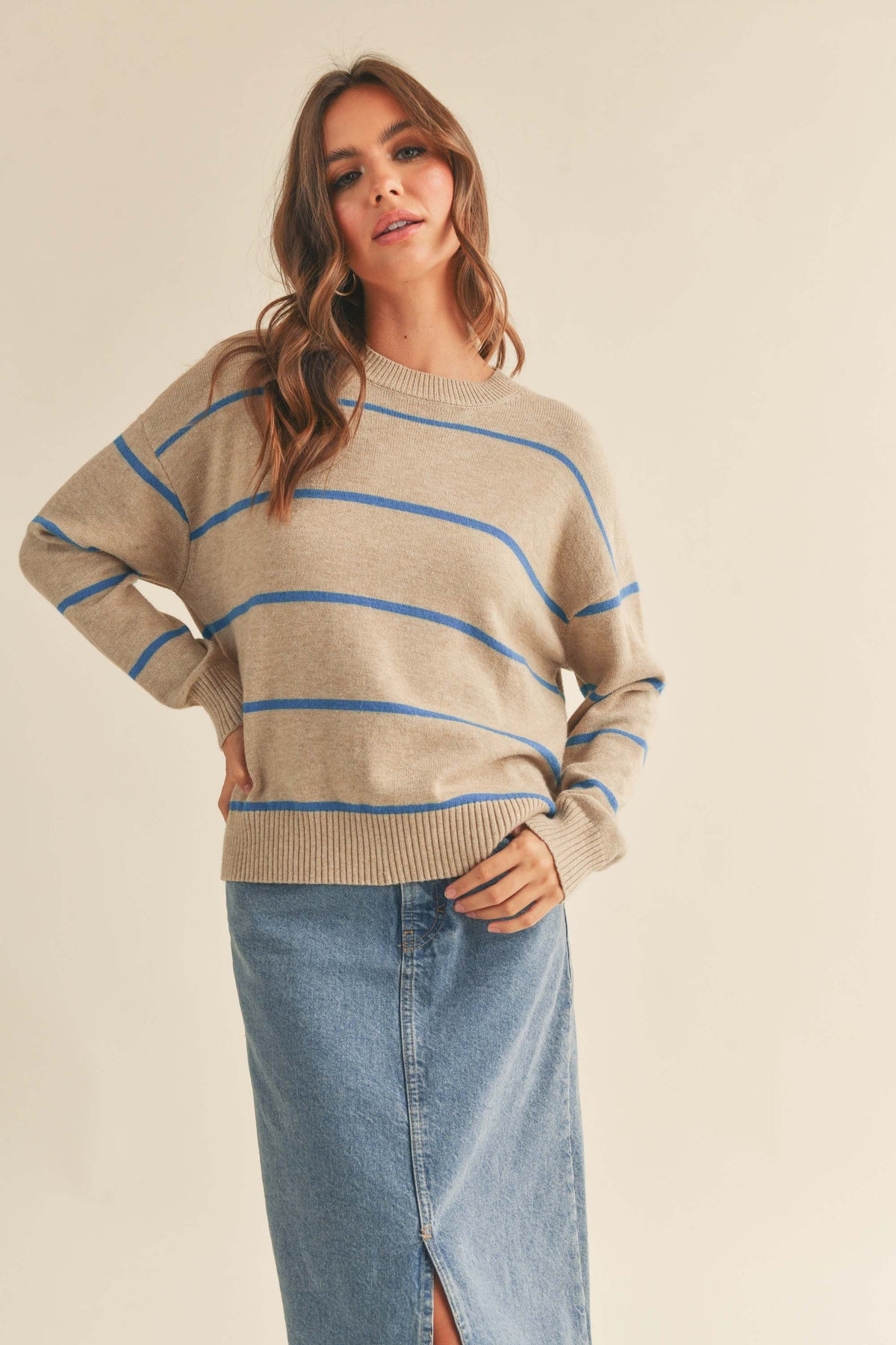 Miou Muse | Taupe Striped Sweater | Sweetest Stitch Boutique