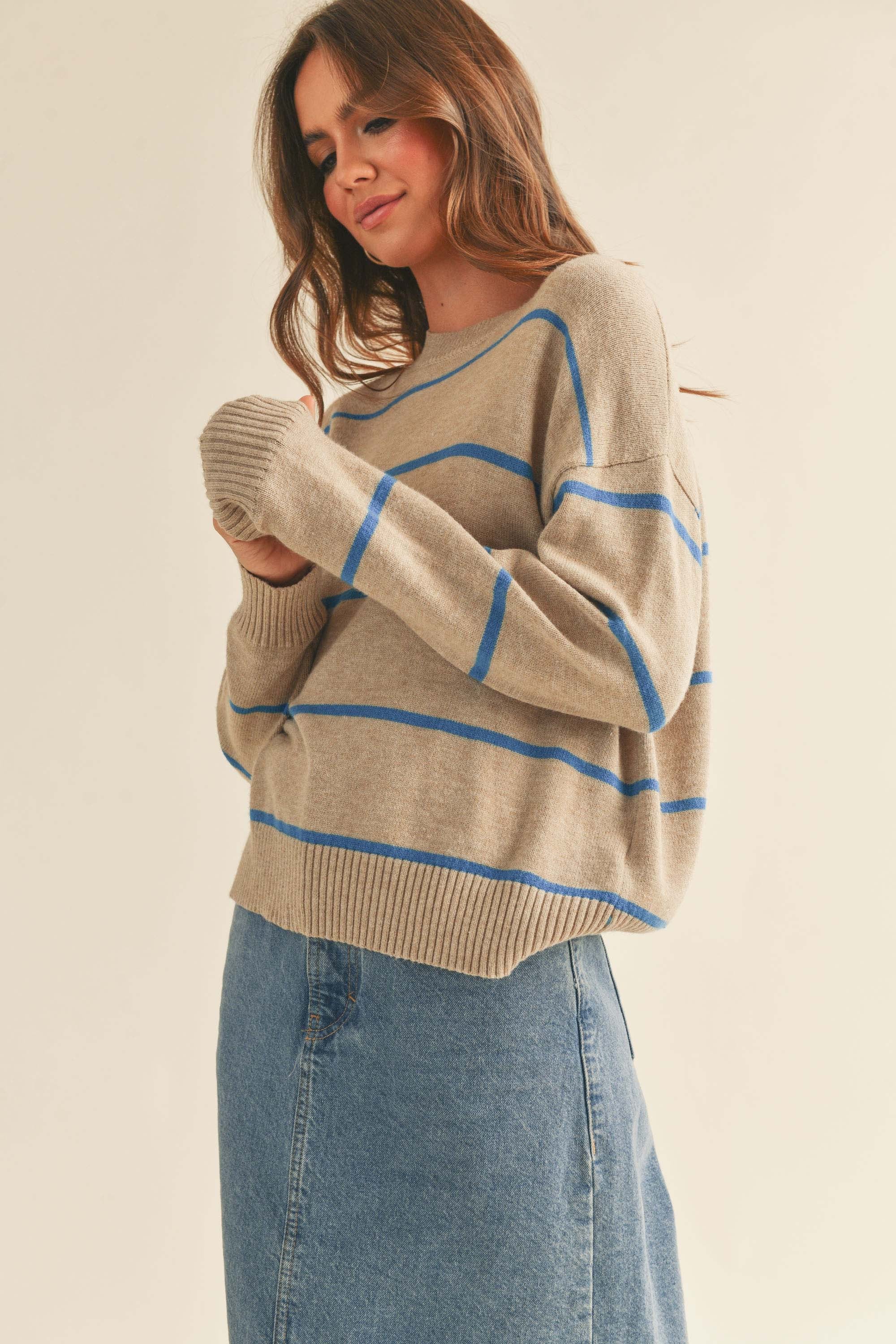 Miou Muse | Taupe Striped Sweater | Sweetest Stitch Boutique