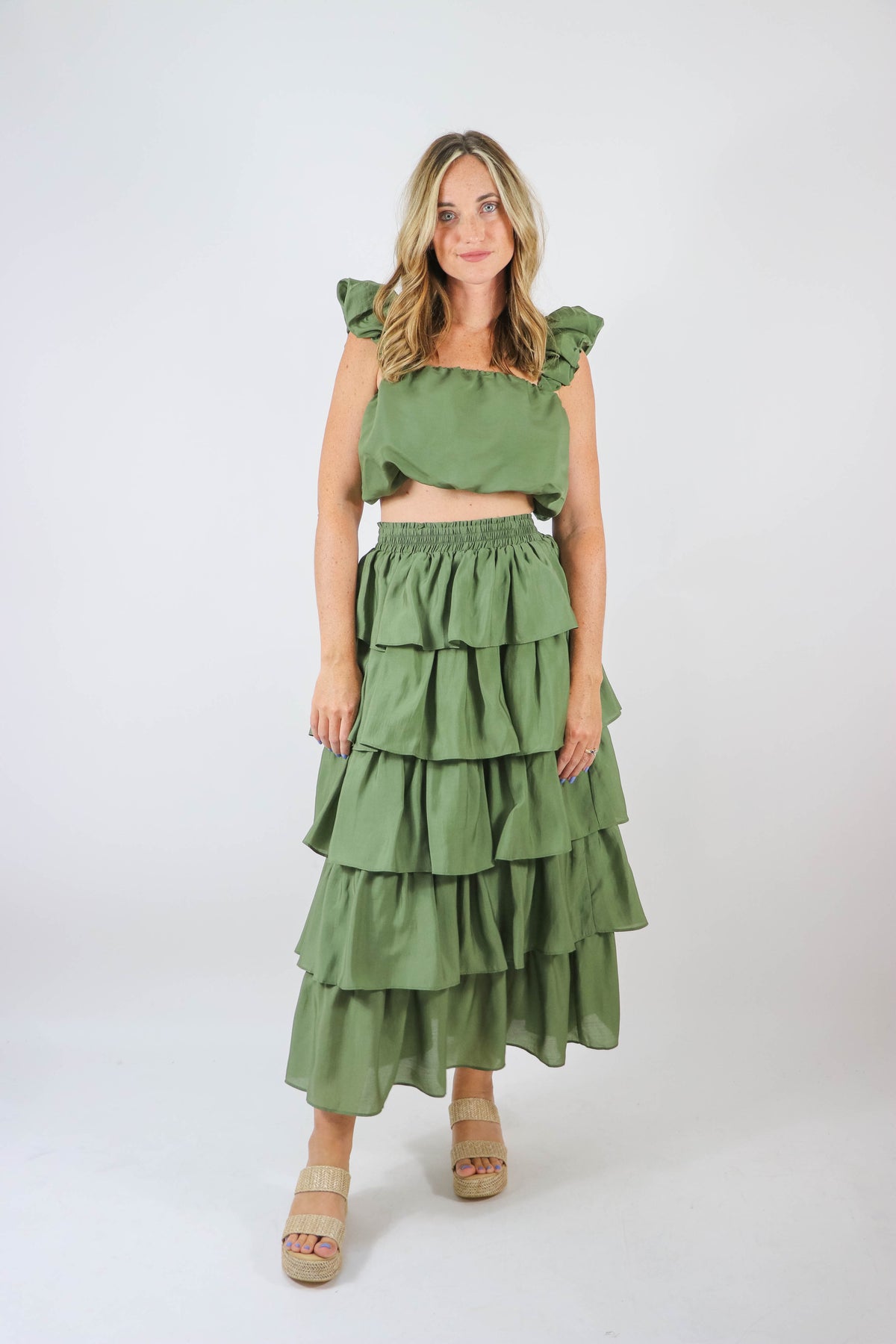 Endless Rose | Olive Tiered Midi Skirt | Sweetest Stitch Boutique
