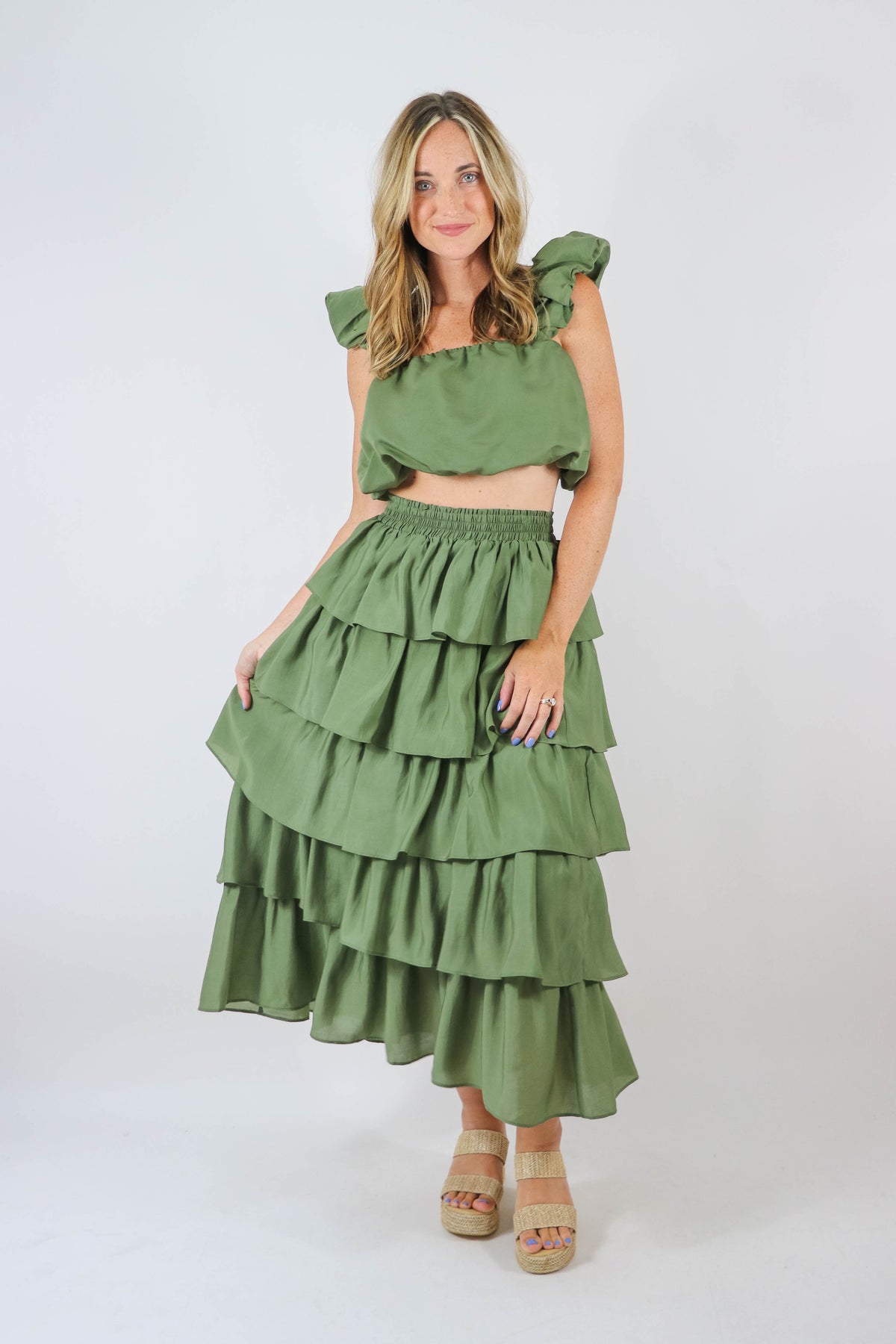Endless Rose | Olive Tiered Midi Skirt | Sweetest Stitch Boutique