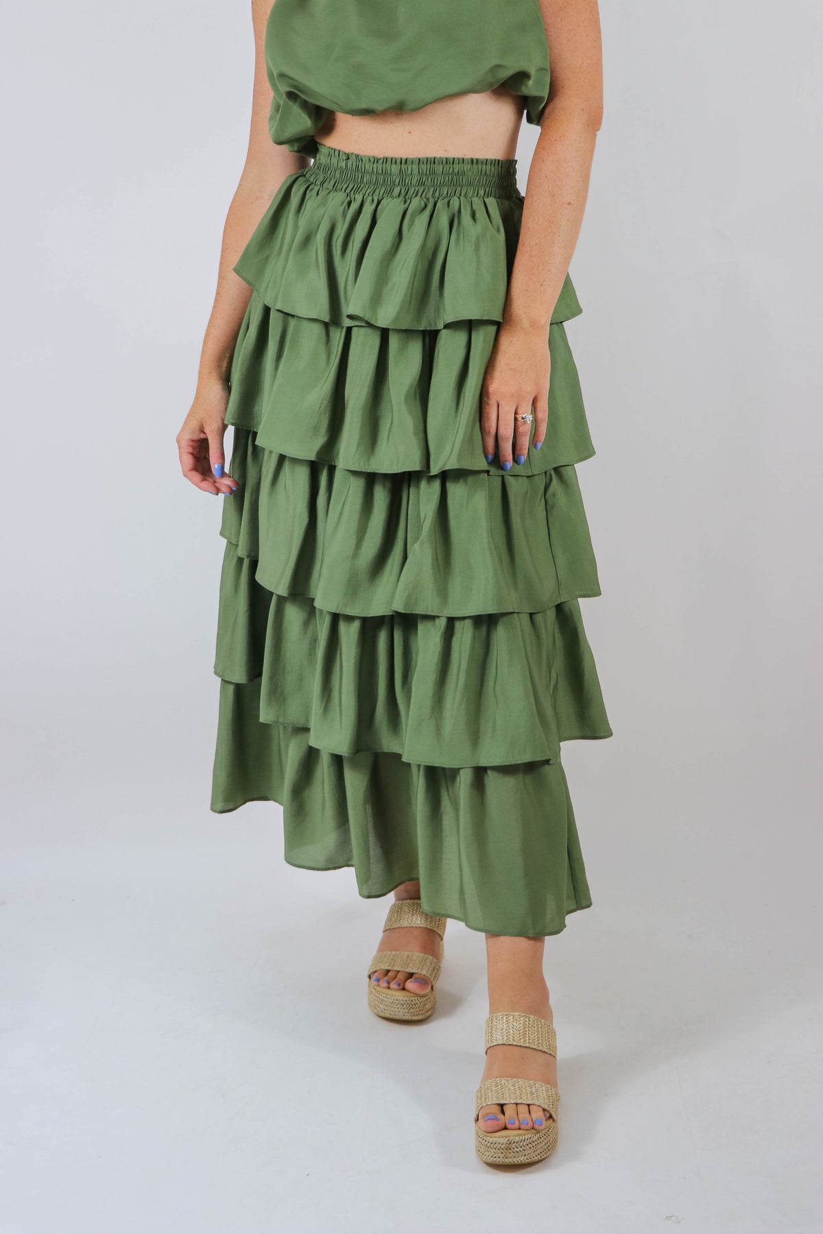 Endless Rose | Olive Tiered Midi Skirt | Sweetest Stitch Boutique