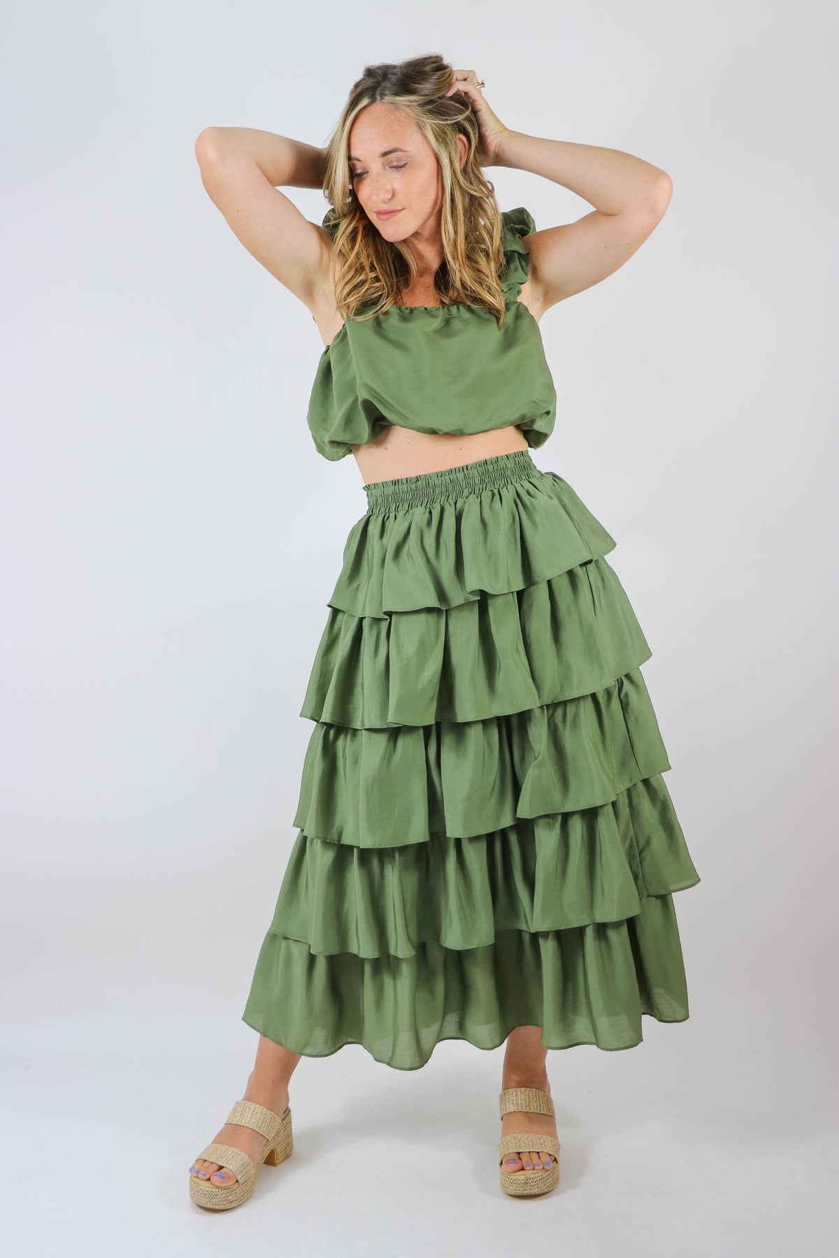 Endless Rose | Olive Tiered Midi Skirt | Sweetest Stitch Boutique