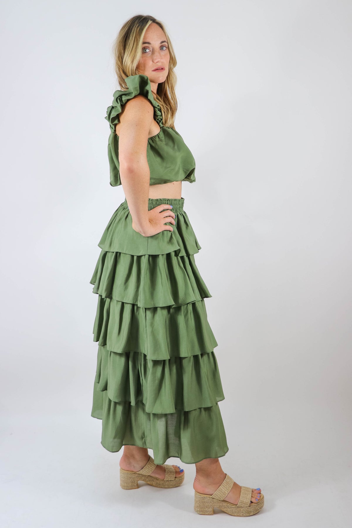 Endless Rose | Olive Tiered Midi Skirt | Sweetest Stitch Boutique