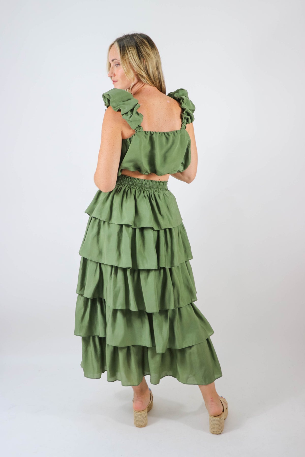 Endless Rose | Olive Tiered Midi Skirt | Sweetest Stitch Boutique