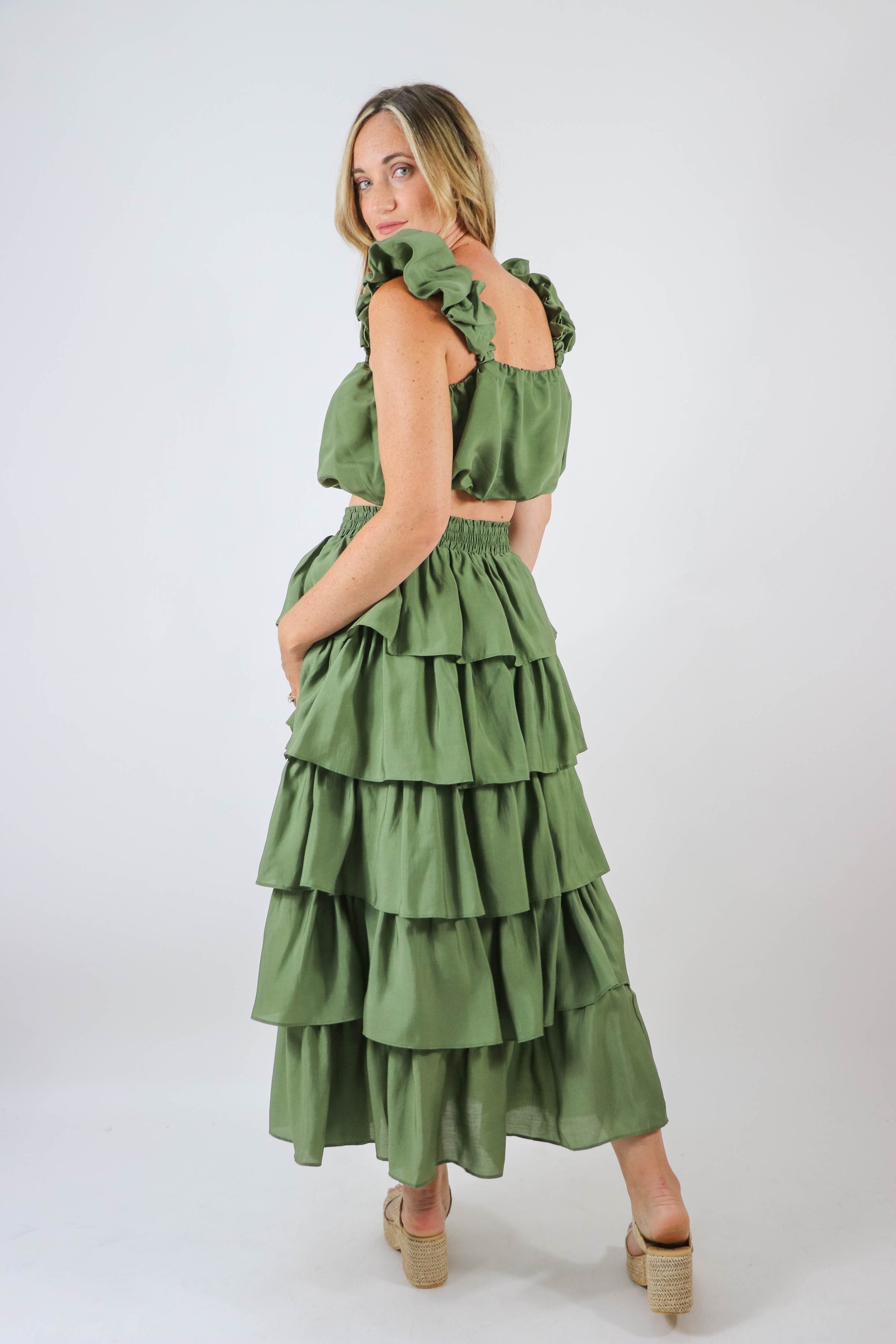 Endless Rose | Olive Tiered Midi Skirt | Sweetest Stitch Boutique