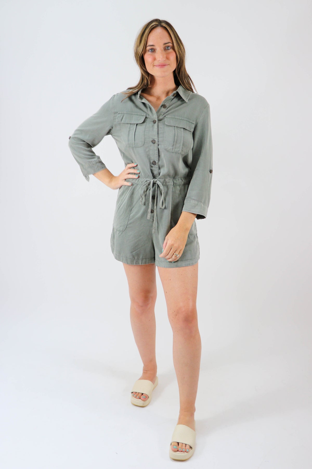 She + Sky Olive Buttoned Romper | Sweetest Stitch Women&#39;s Boutique