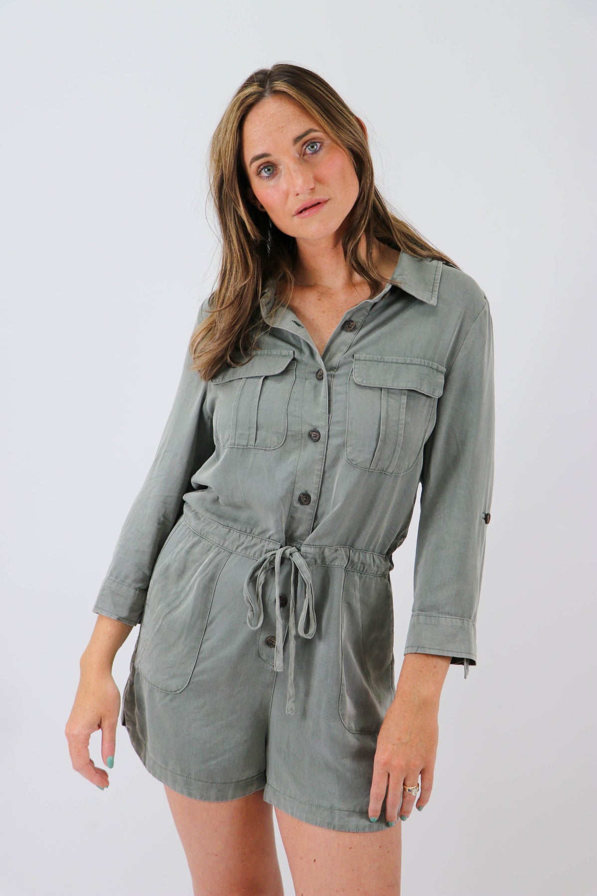 She + Sky Olive Buttoned Romper | Sweetest Stitch Women&#39;s Boutique