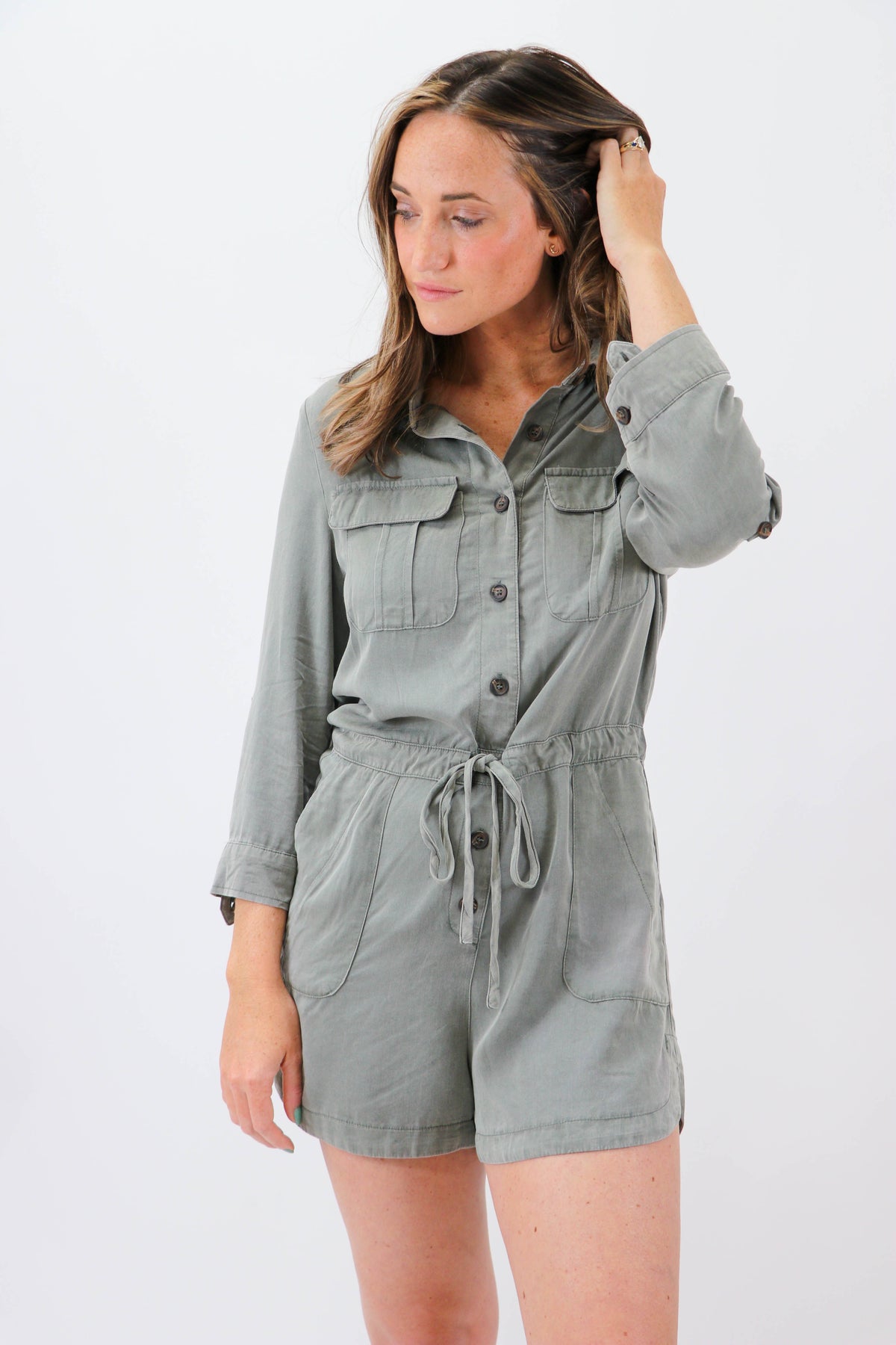 She + Sky Olive Buttoned Romper | Sweetest Stitch Women&#39;s Boutique