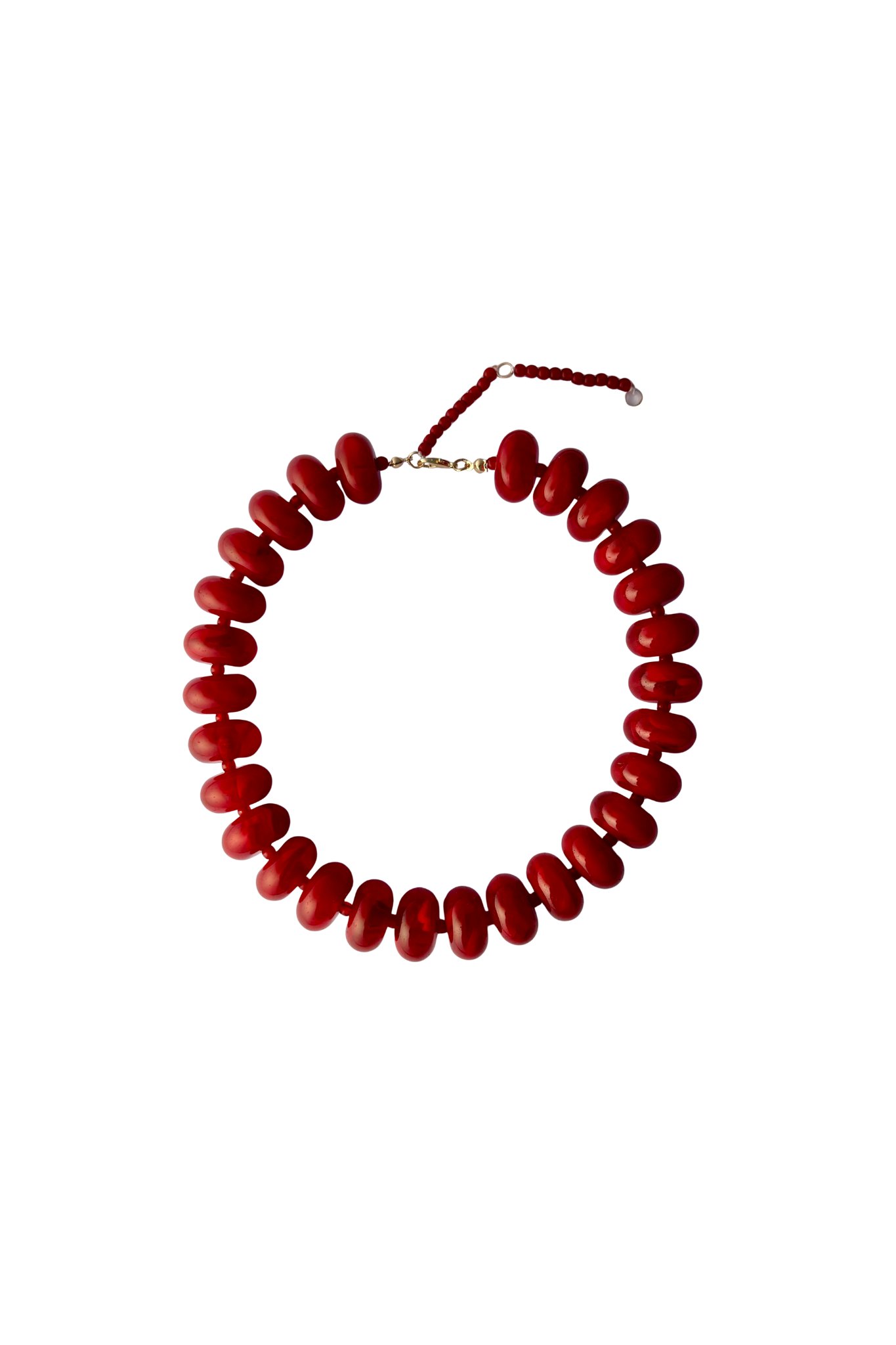 Cleo bright red chunky beaded statement necklace lying flat against a white background