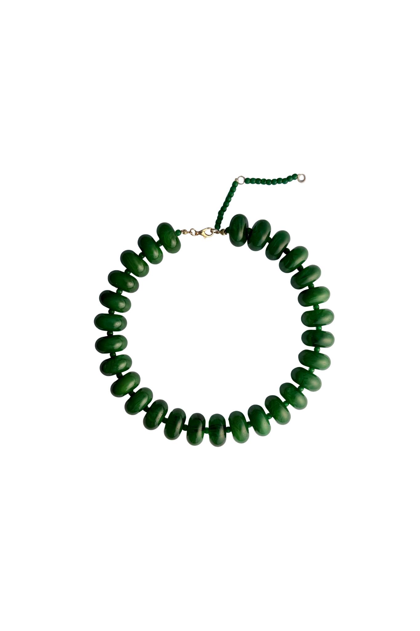 Cleo chunky dark green saucer bead necklace with adjustable beaded extender clasp
