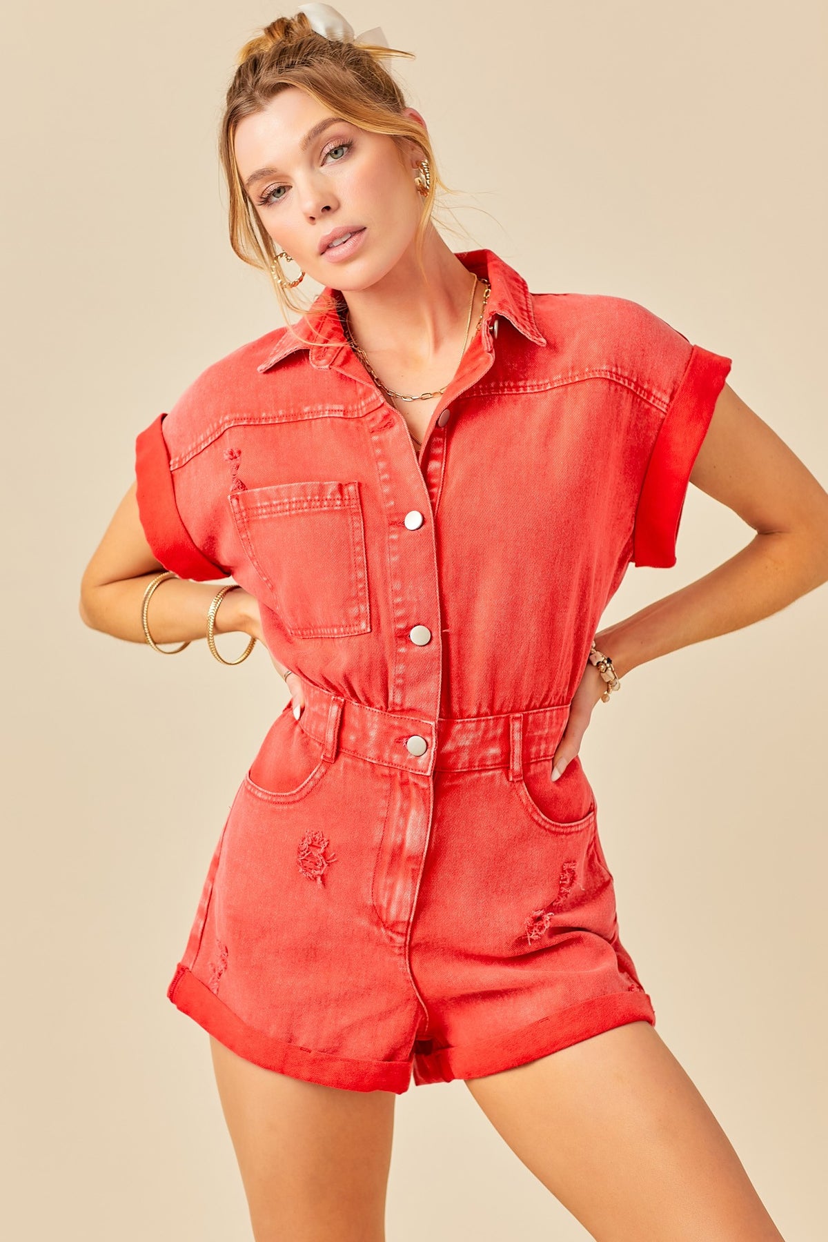 Day + Moon | Washed Red Denim Romper | Sweetest Stitch Online