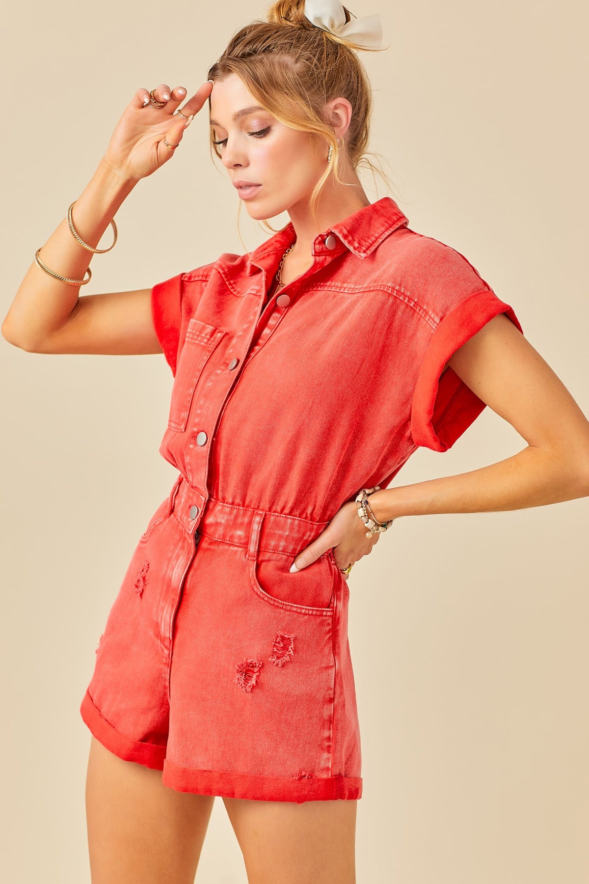Day + Moon | Washed Red Denim Romper | Sweetest Stitch Online