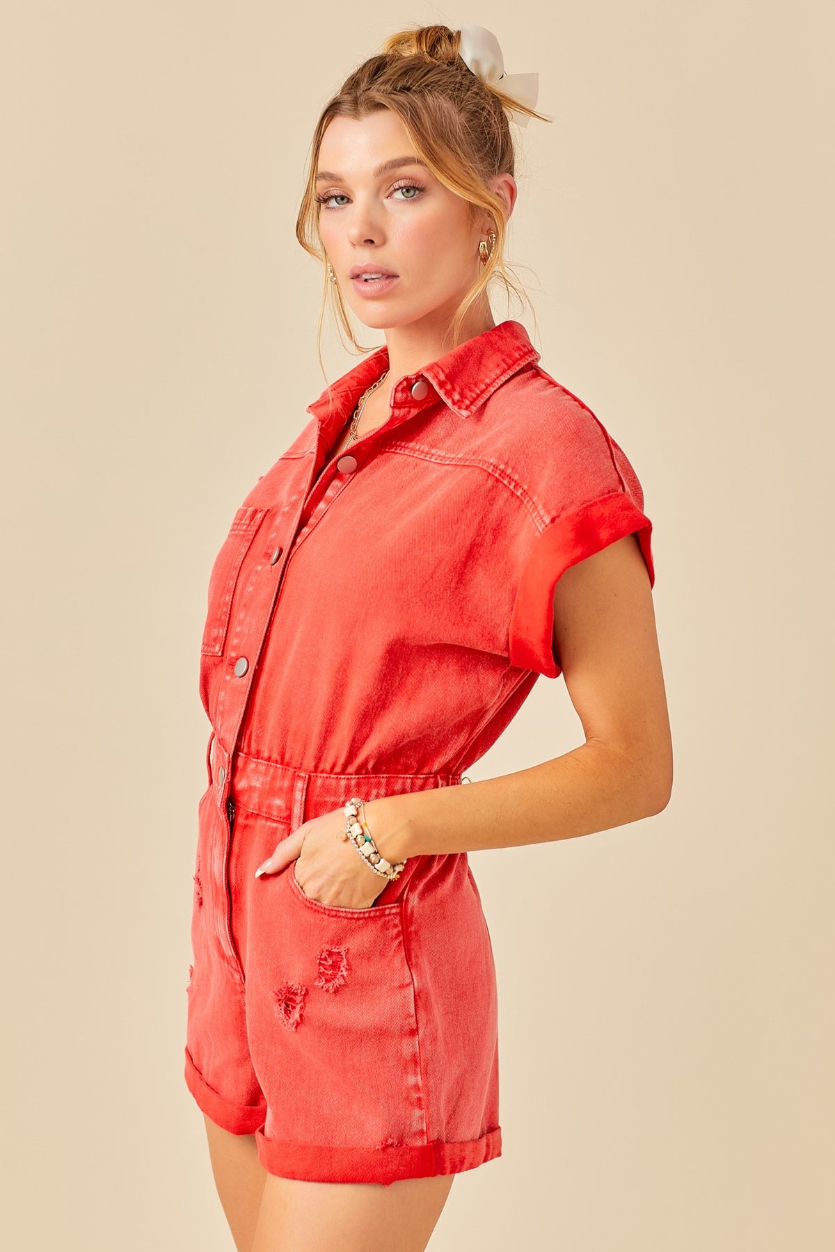 Day + Moon | Washed Red Denim Romper | Sweetest Stitch Online