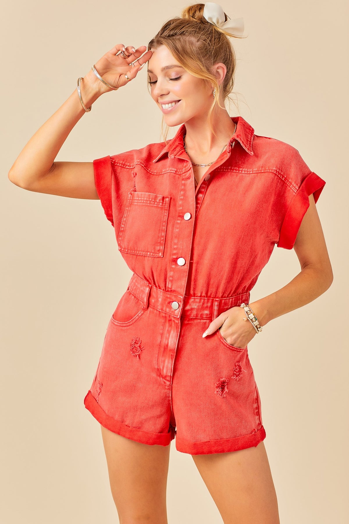 Day + Moon | Washed Red Denim Romper | Sweetest Stitch Online
